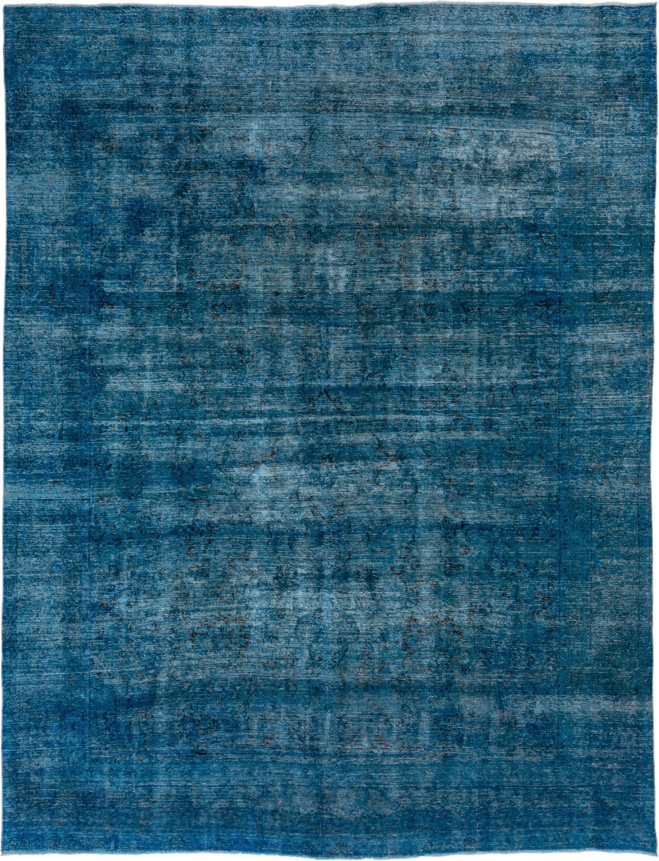 9' x 12' one-of-a-kind handmade vintage Overdyed large size rug. Color palette: teal, azure, slate, charcoal, light blue