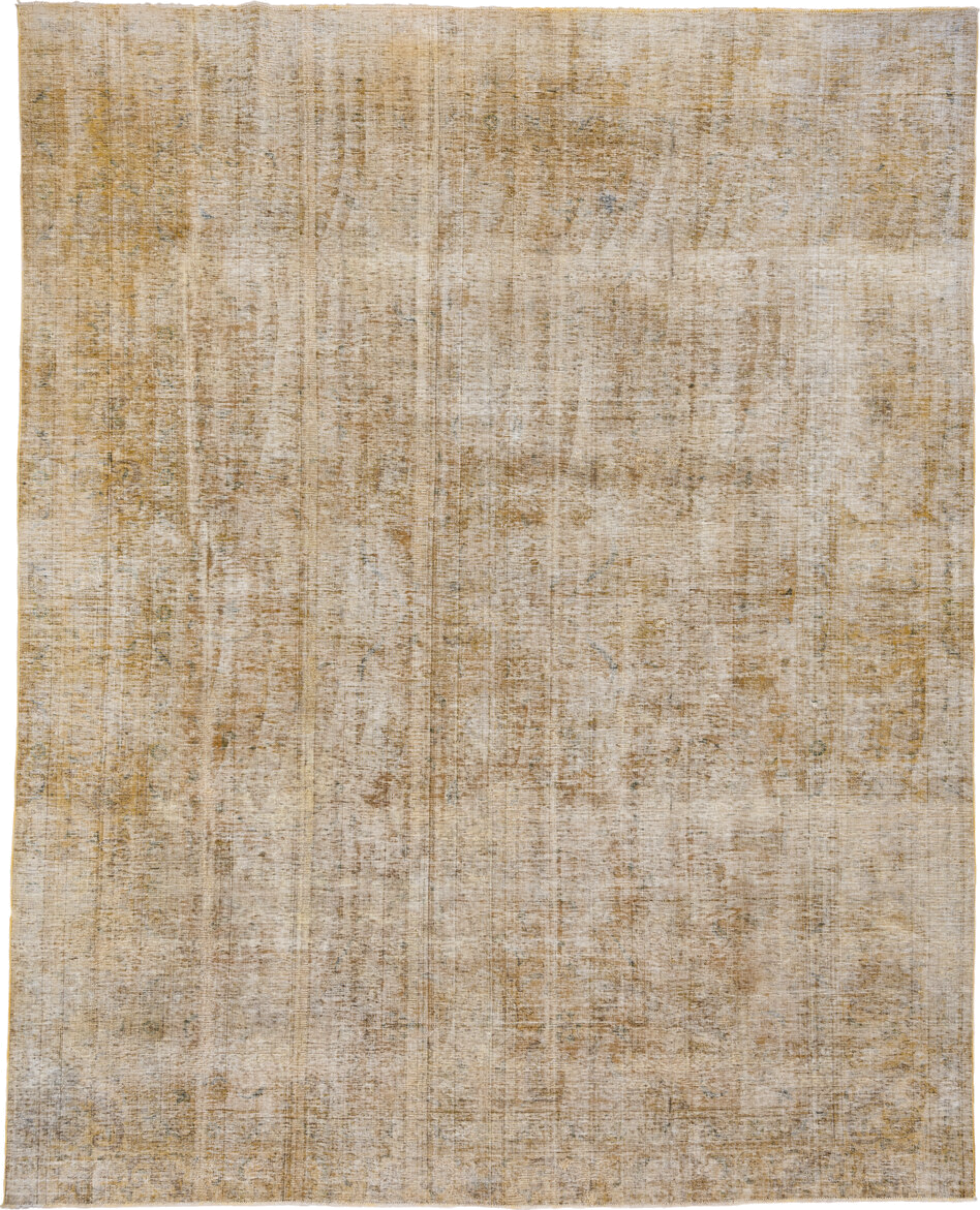 9' x 11' one-of-a-kind handmade vintage Overdyed large size rug. Color palette: ivory, beige, gold, taupe, sage, gray, green