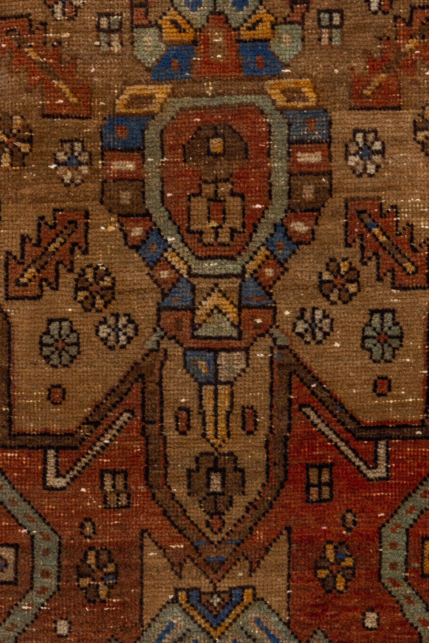 3' x 10' one-of-a-kind handmade vintage Heriz runner rug. Color palette: rust, camel, cobalt, ivory, gold, taupe, brown