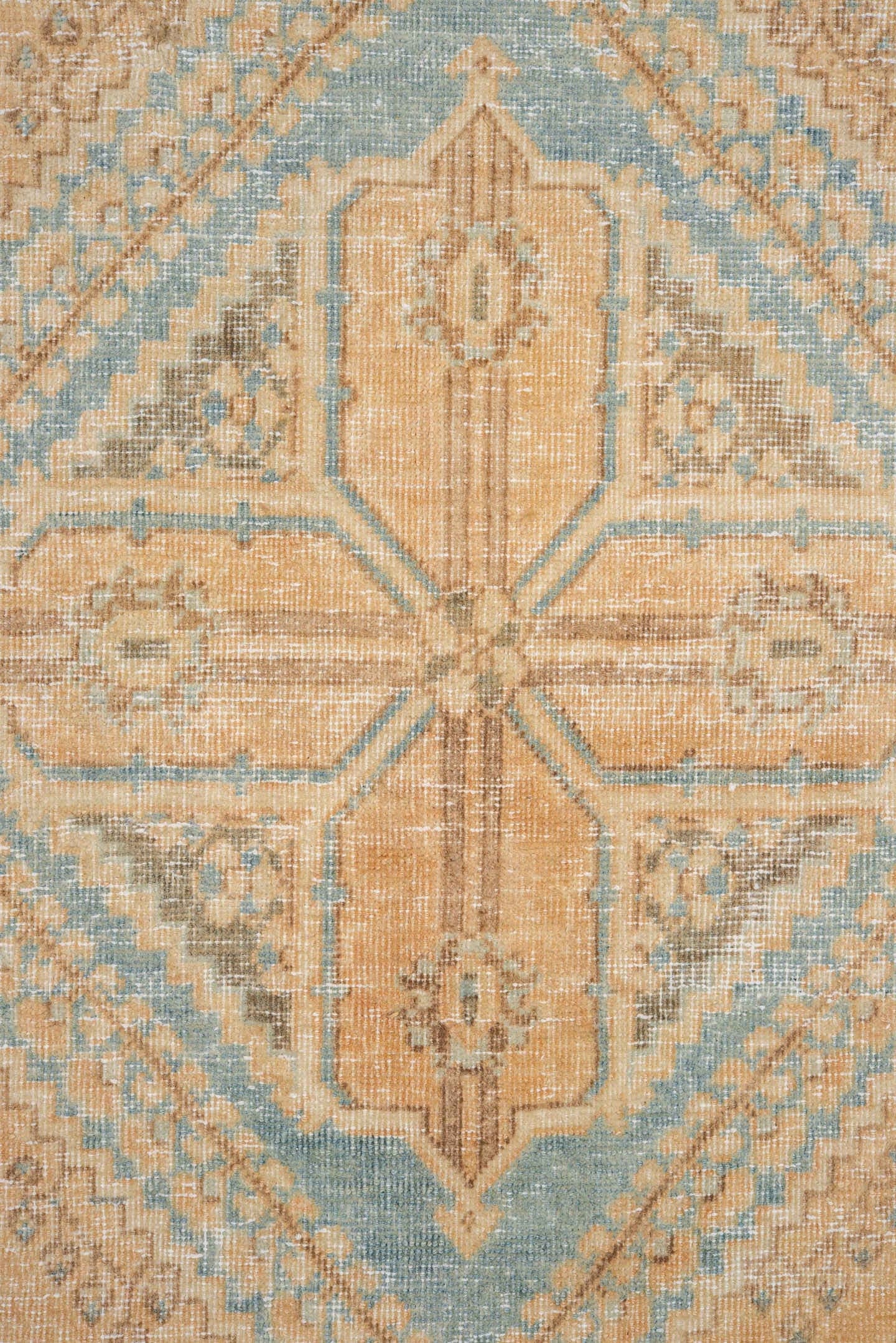 7' x 10' one-of-a-kind handmade vintage Joshegan large size rug. Color palette: camel, ivory, sky_blue, taupe, tan