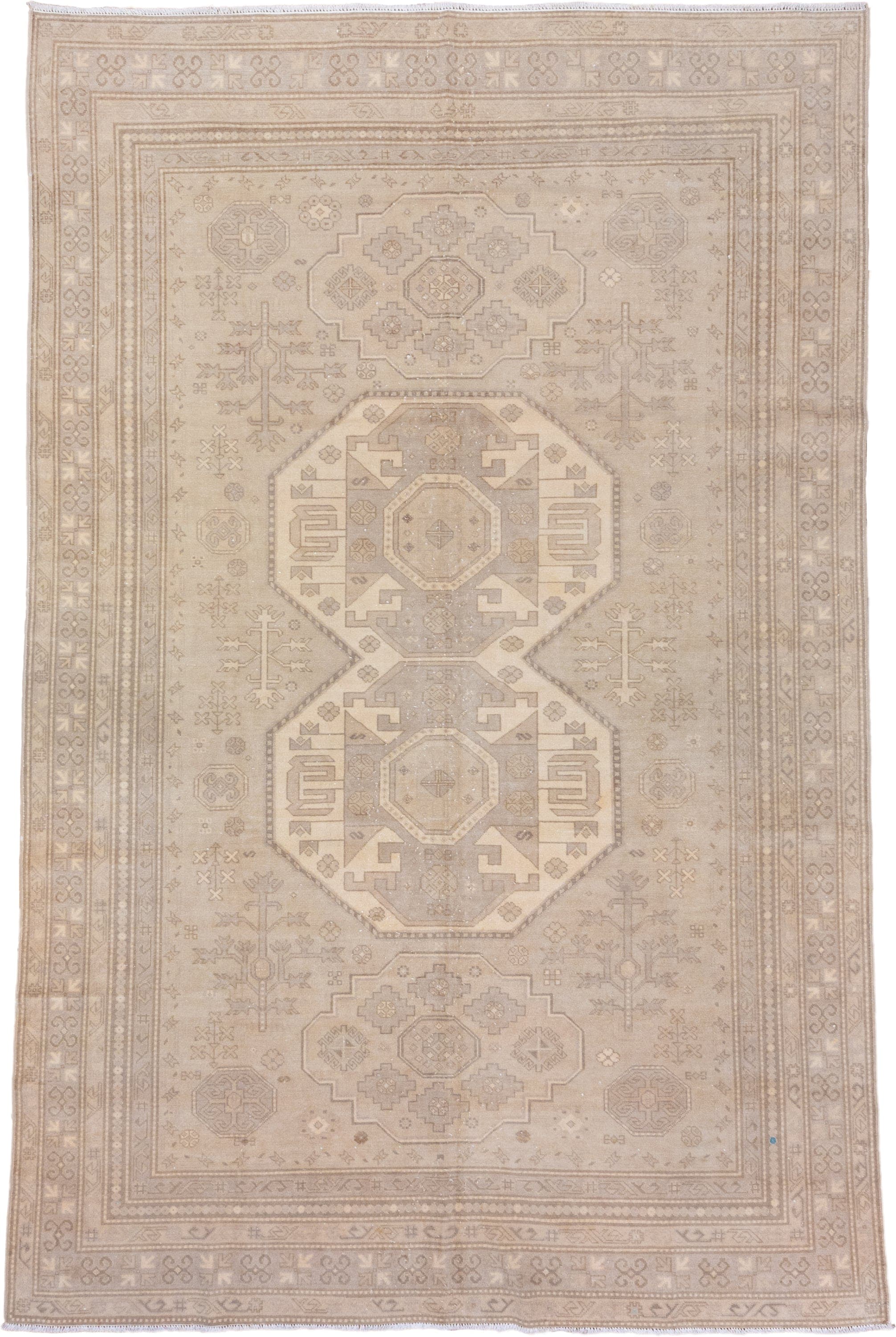 6' x 10' one-of-a-kind handmade vintage Derband large size rug. Color palette: beige, ivory, taupe, camel, sand, light brown