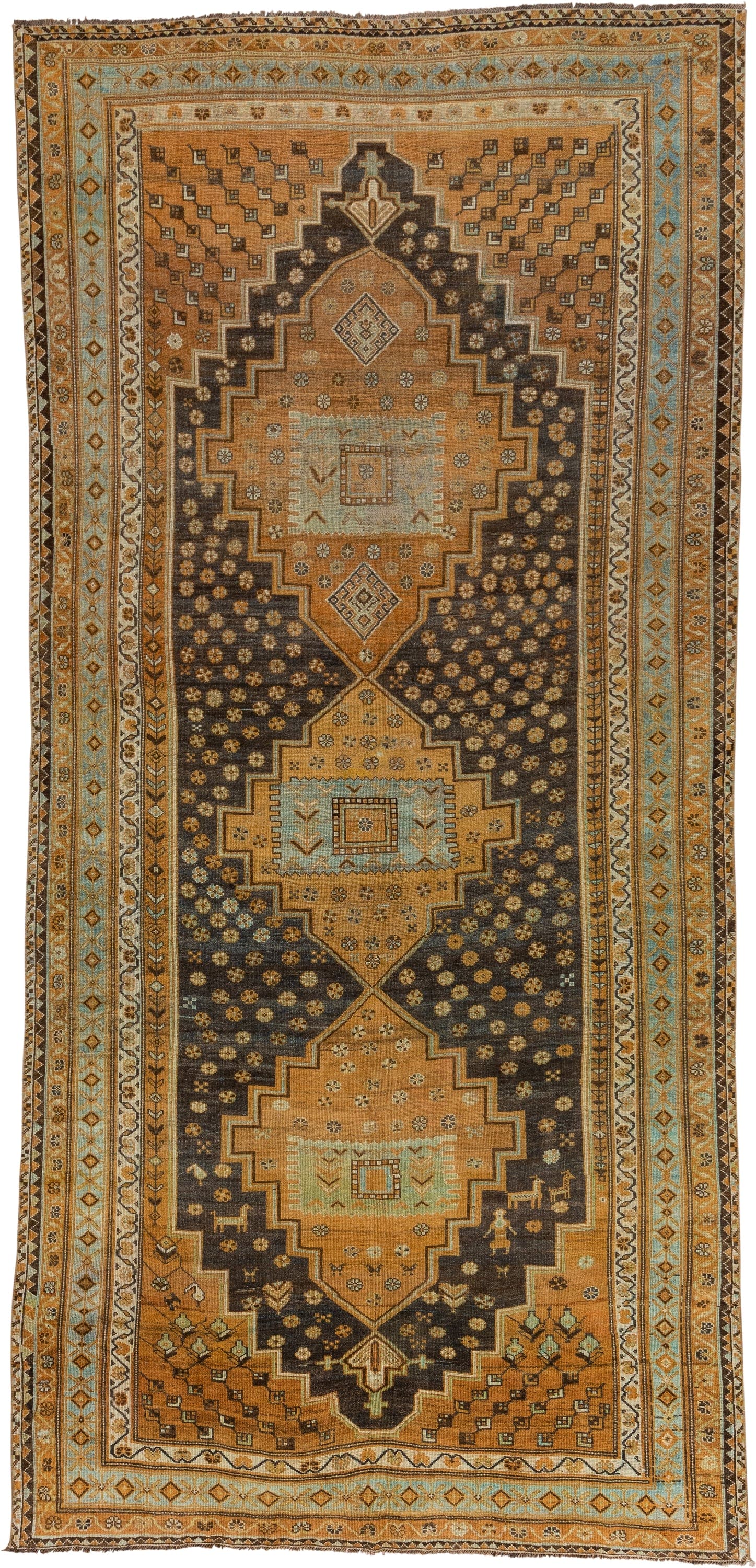 6' x 12' one-of-a-kind handmade vintage Kurd large size rug. Color palette: camel, brown, sky blue, ivory, taupe, charcoal