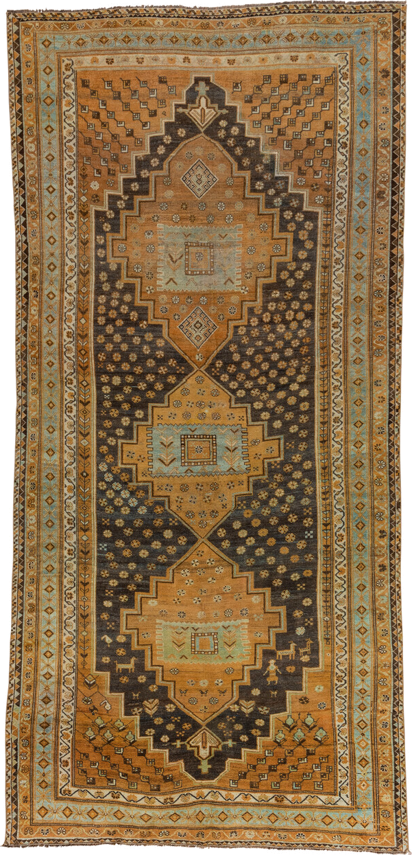 6' x 12' one-of-a-kind handmade vintage Kurd large size rug. Color palette: camel, brown, sky blue, ivory, taupe, charcoal