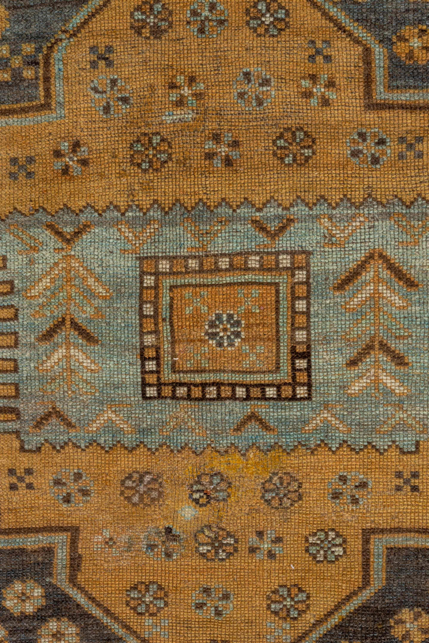 6' x 12' one-of-a-kind handmade vintage Kurd large size rug. Color palette: camel, brown, sky blue, ivory, taupe, charcoal