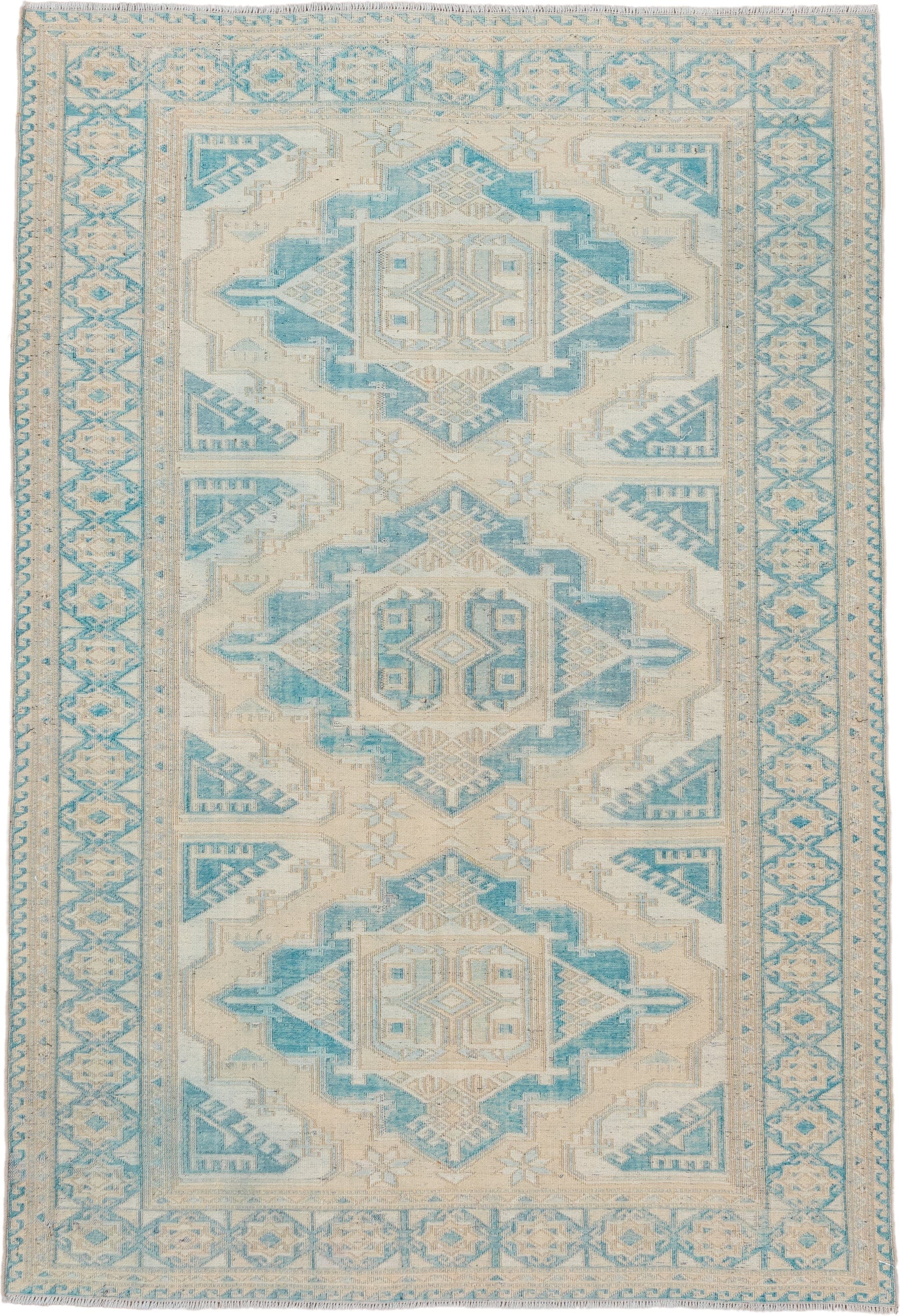 4' x 5' one-of-a-kind handmade vintage Sumak small size rug. Color palette: ivory, sky blue, beige, cream, taupe, light blue