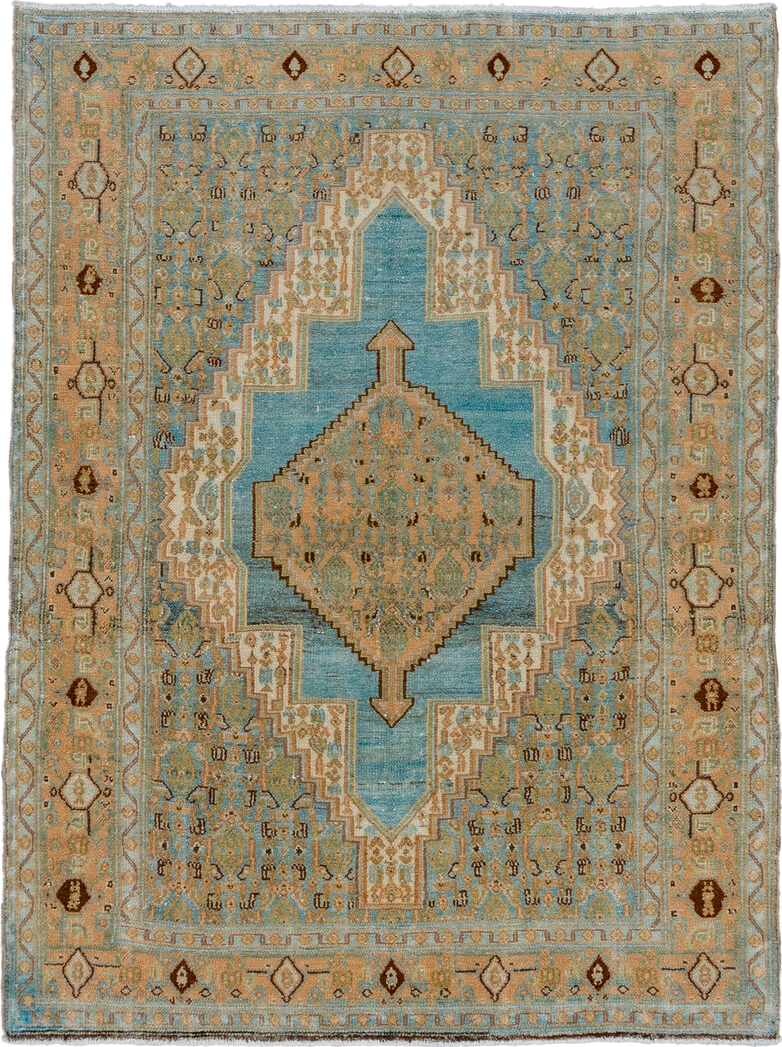 3' x 5' one-of-a-kind handmade vintage Senne small size rug. Color palette: blue, brown, gray, green, light gray, off-white