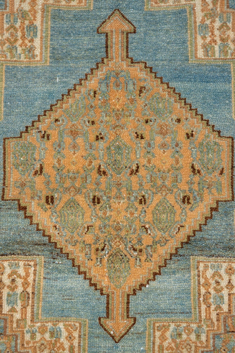 3' x 5' one-of-a-kind handmade vintage Senne small size rug. Color palette: camel, sky blue, ivory, taupe, brown, sage