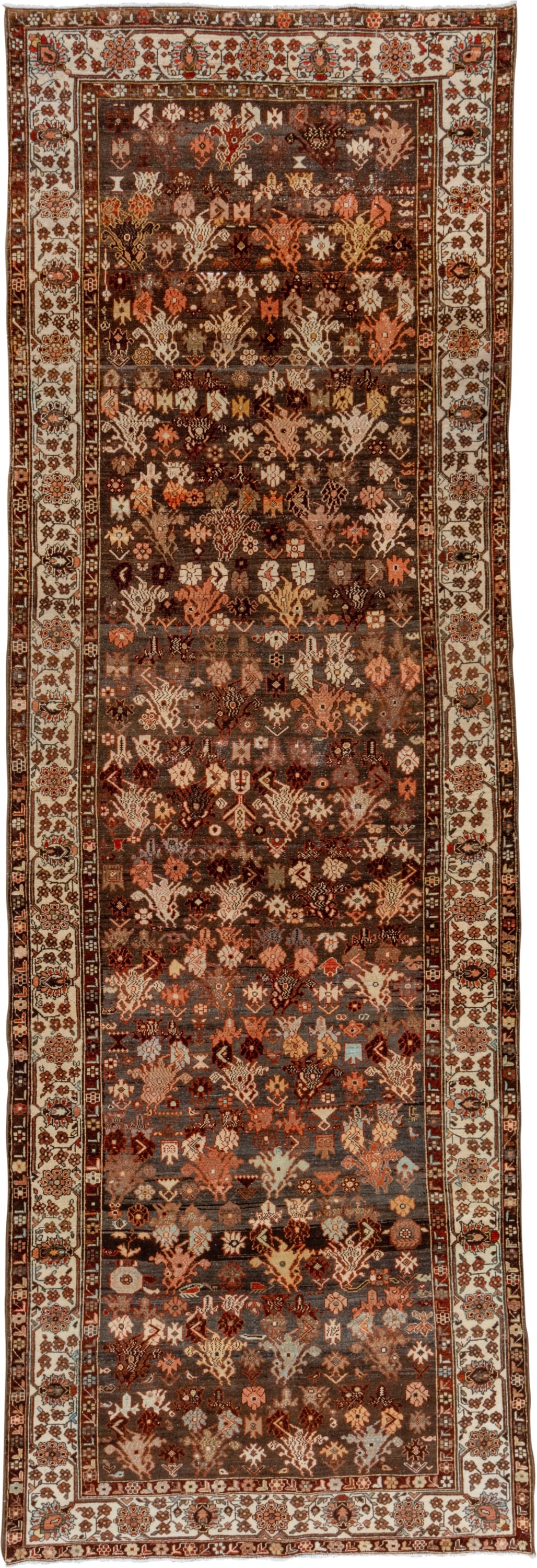 4' x 13' one-of-a-kind handmade vintage Malayer runner rug. Color palette: brown, ivory, rust, terra cotta, charcoal, camel
