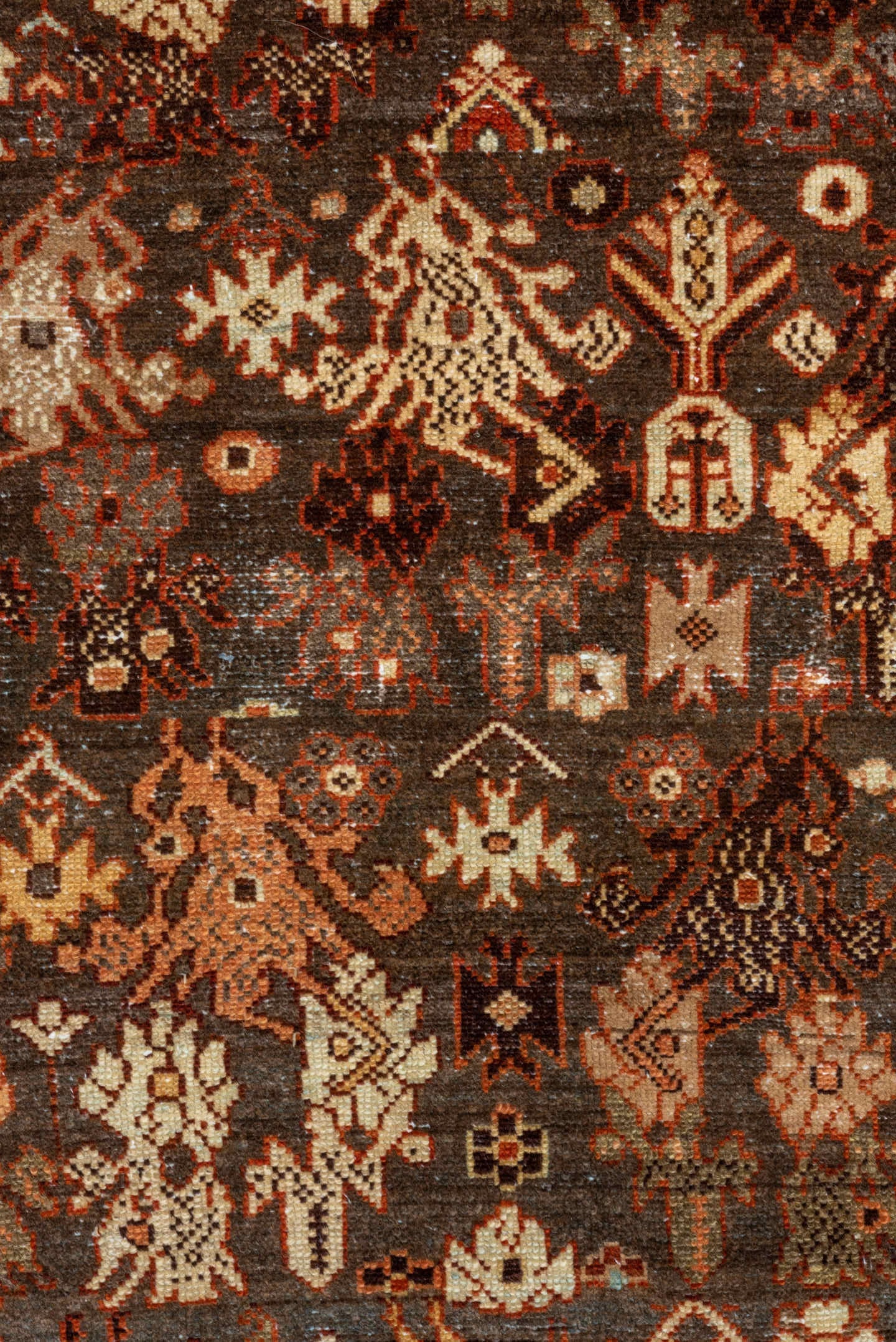 4' x 13' one-of-a-kind handmade vintage Malayer runner rug. Color palette: brown, ivory, rust, terra cotta, charcoal, camel