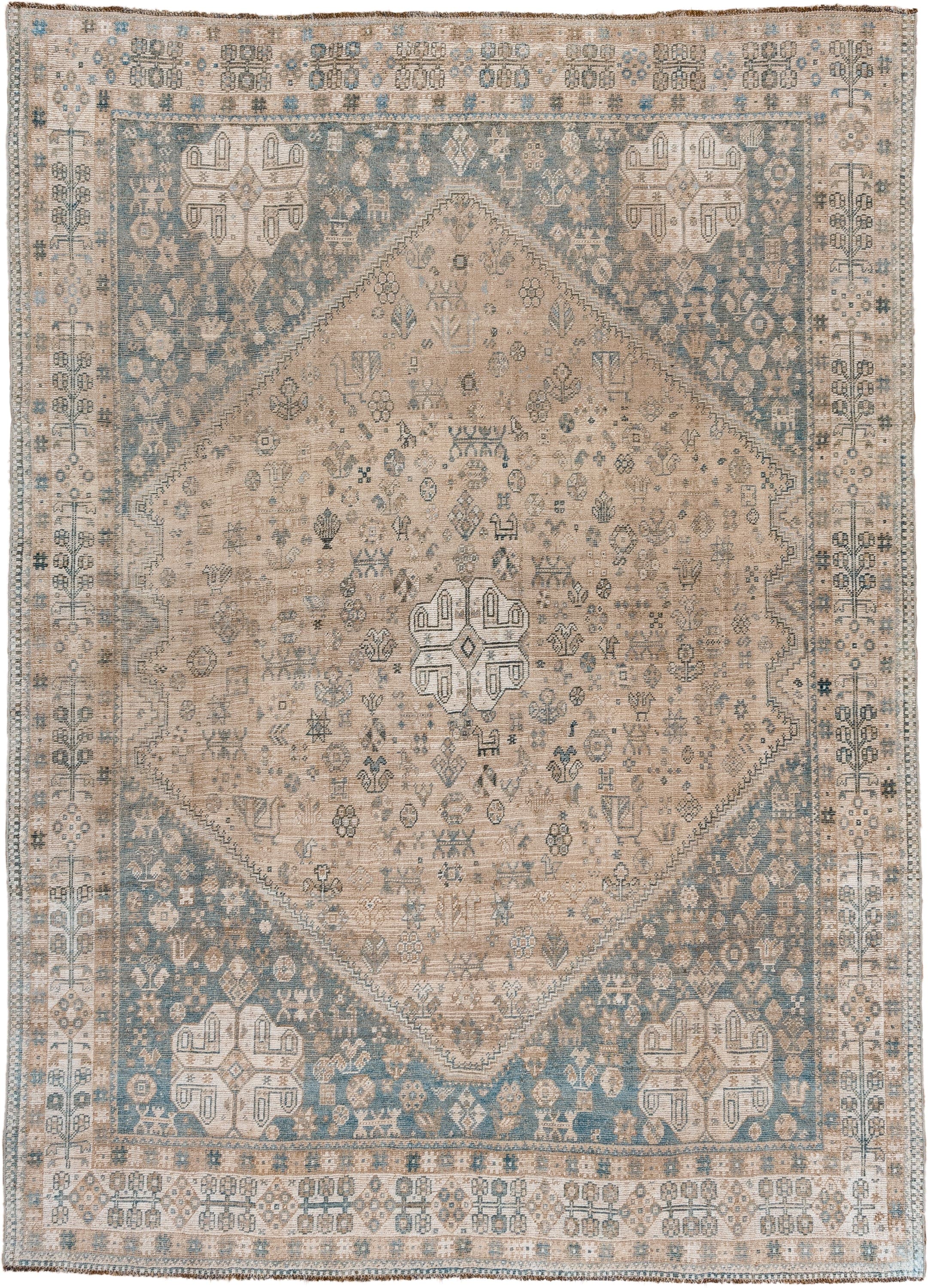 7' x 10' one-of-a-kind handmade vintage Shiraz large size rug. Color palette: ivory, sky blue, beige, taupe, camel, slate