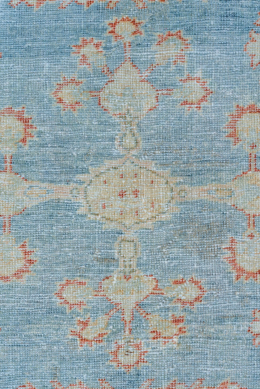 8' x 12' one-of-a-kind handmade vintage Mahal large size rug. Color palette: sky blue, ivory, rust, pale blue, coral, cream
