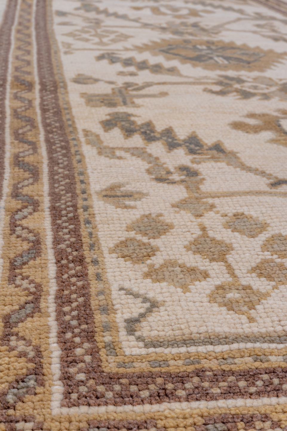 3' x 11' one-of-a-kind handmade vintage Oushak runner rug. Color palette: brown, gray, light gray, off-white, orange, snow