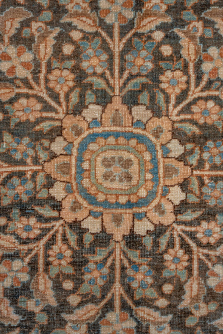 12' x 17' one-of-a-kind handmade vintage Baktiary oversize rug. Color palette: rust, charcoal, sky blue, ivory, taupe, camel