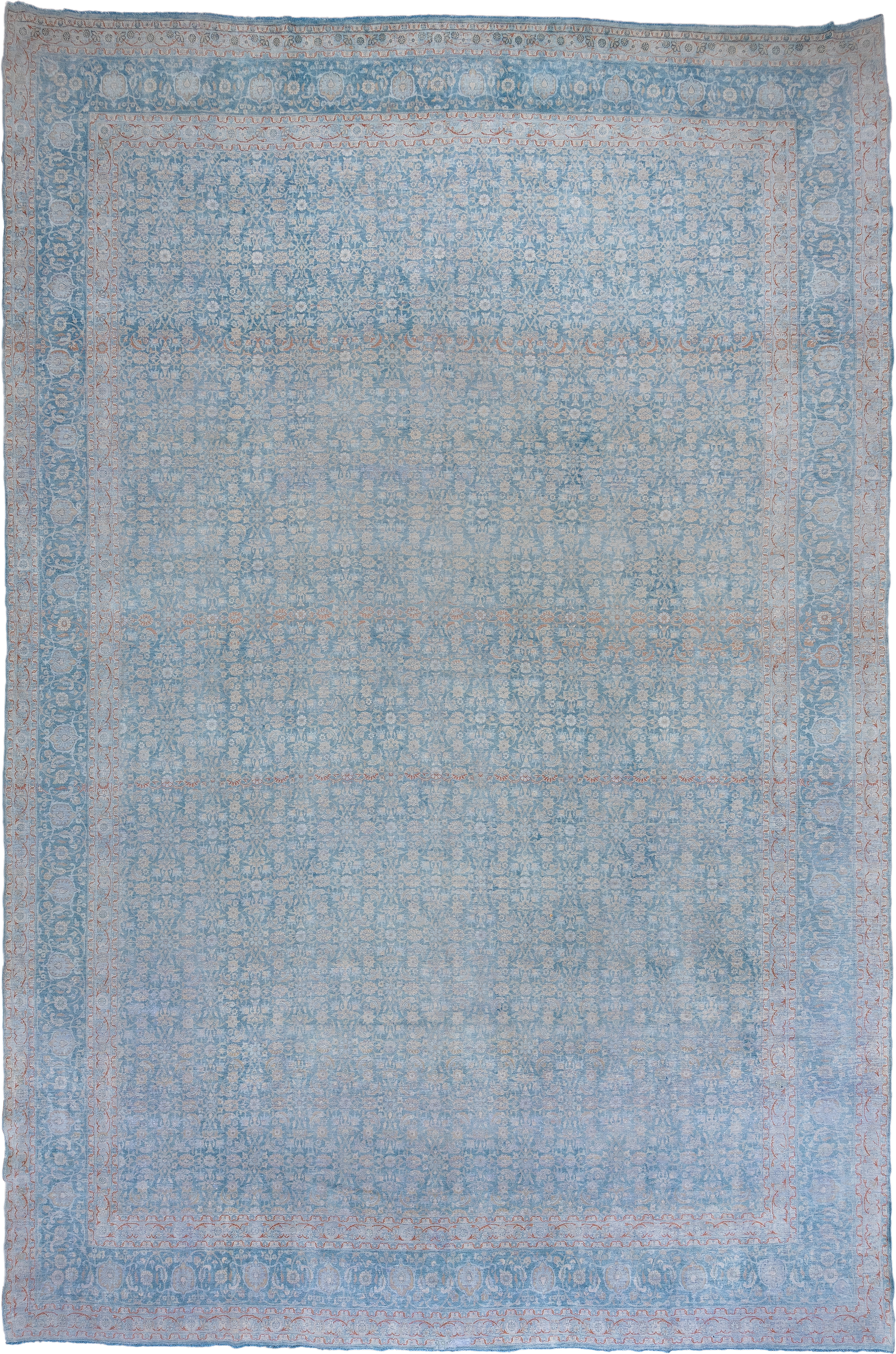 12' x 19' one-of-a-kind handmade vintage Tabriz oversize rug. Color palette: pale blue, ivory, blush, sky blue, cream