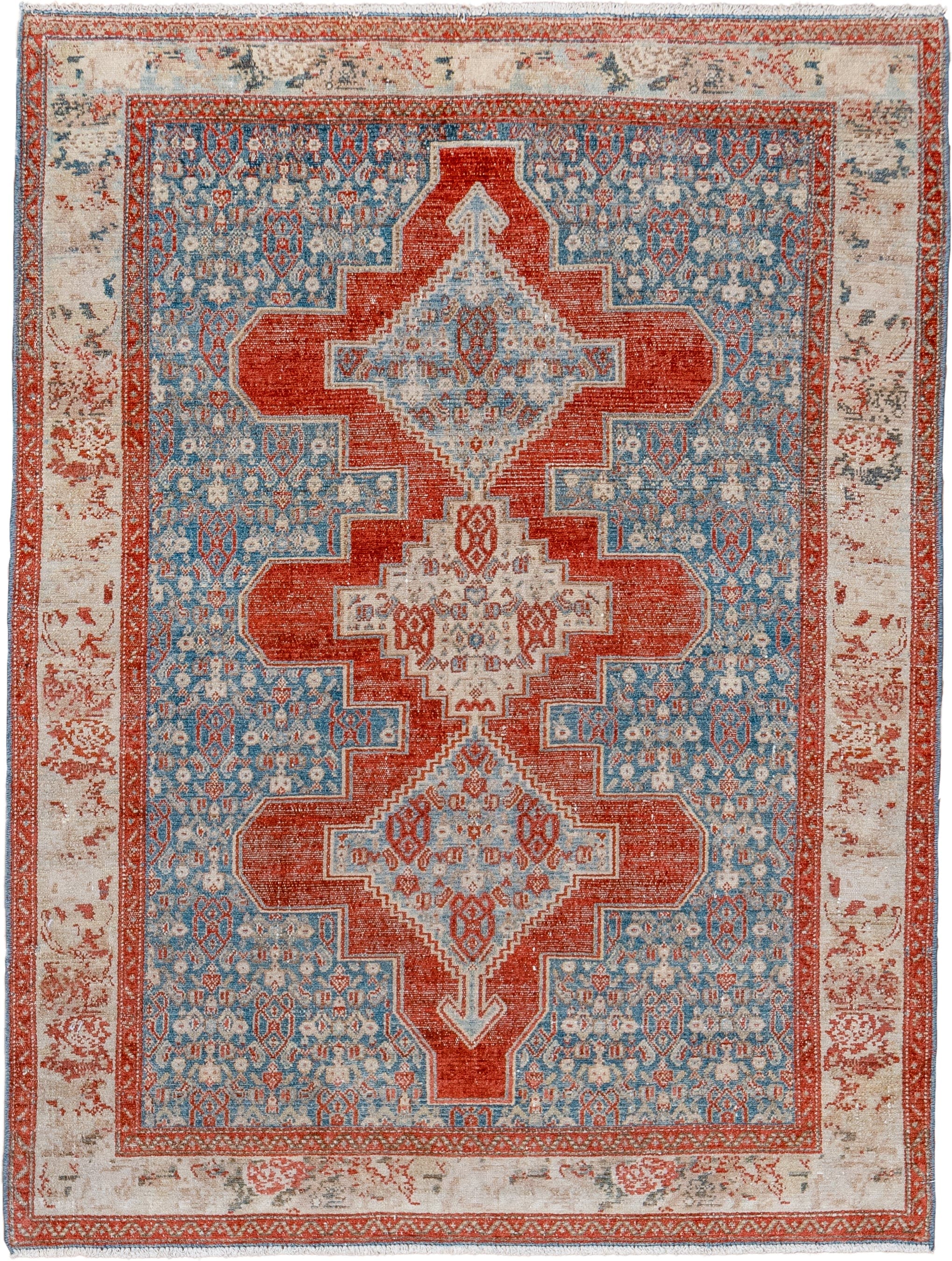 3' x 4' one-of-a-kind handmade vintage Senne small size rug. Color palette: sky blue, rust, ivory, slate, terracotta