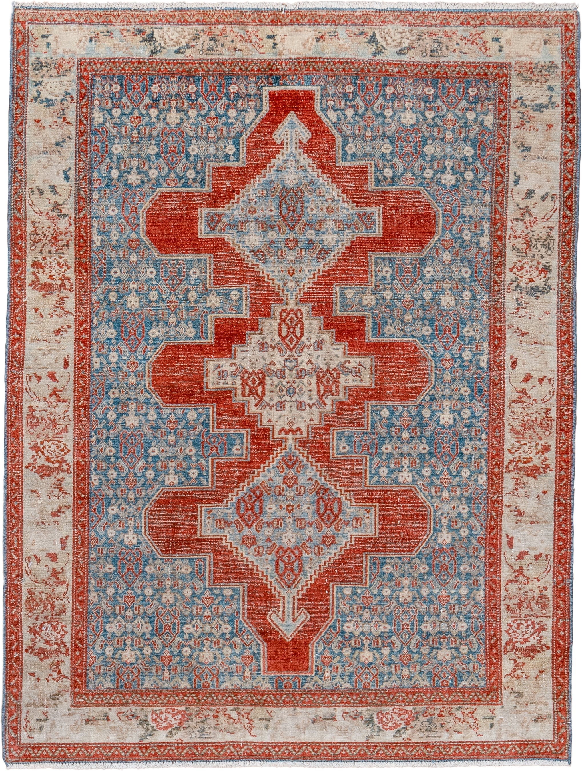 3' x 4' one-of-a-kind handmade vintage Senne small size rug. Color palette: sky blue, rust, ivory, slate, terracotta