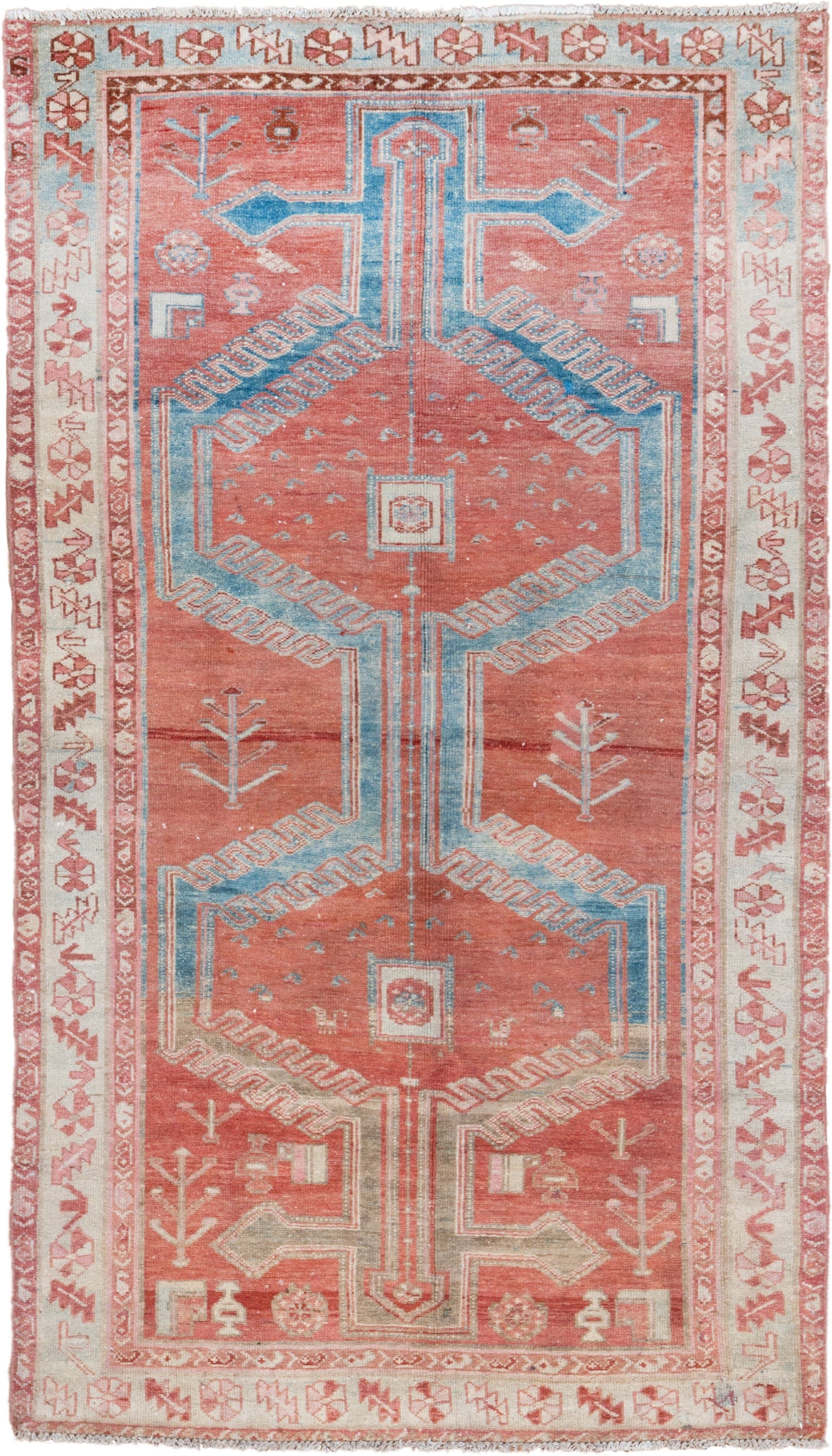 3' x 6' one-of-a-kind handmade vintage Malayer small size rug. Color palette: terra cotta, ivory, sky blue, rose, rust