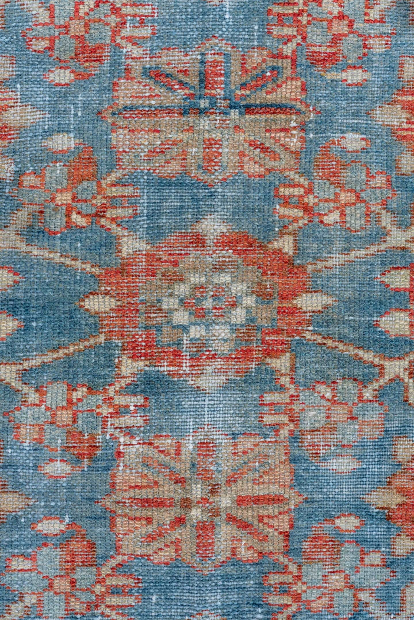 3' x 6' one-of-a-kind handmade vintage Malayer small size rug. Color palette: sky blue, rust, ivory, coral, slate, teal