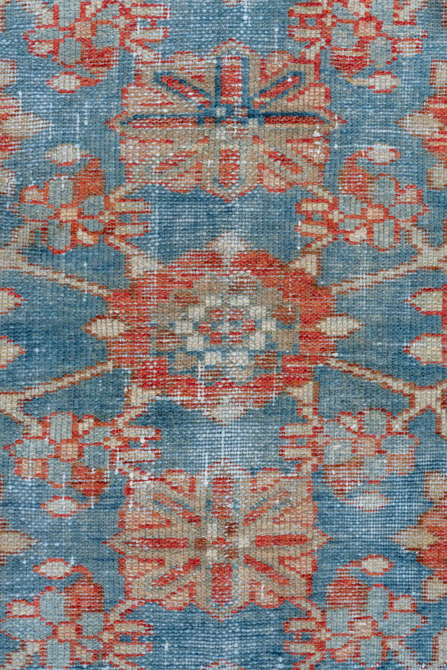 3' x 6' one-of-a-kind handmade vintage Malayer small size rug. Color palette: sky blue, rust, ivory, coral, slate, teal