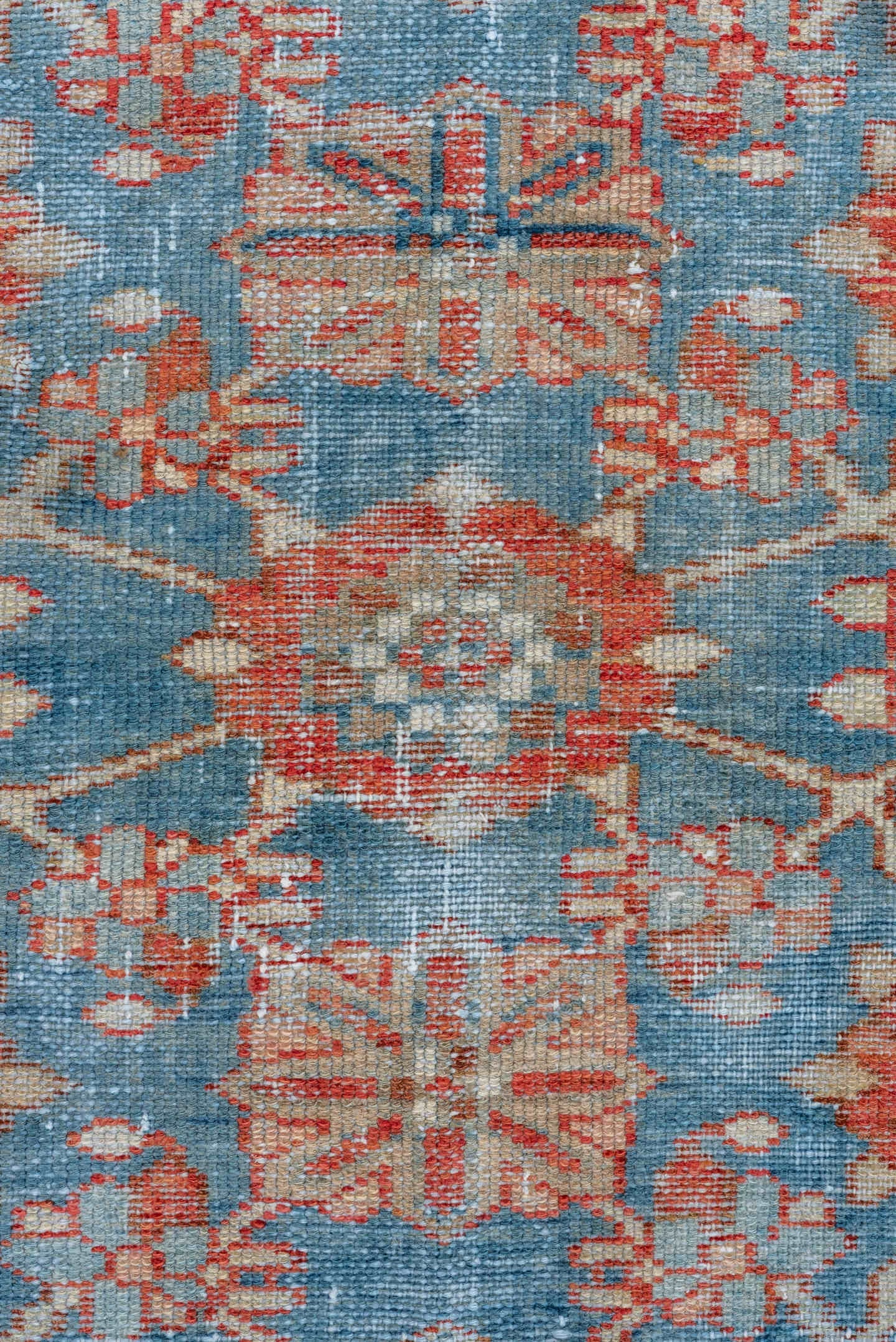3' x 6' one-of-a-kind handmade vintage Malayer small size rug. Color palette: sky blue, rust, ivory, coral, slate, teal