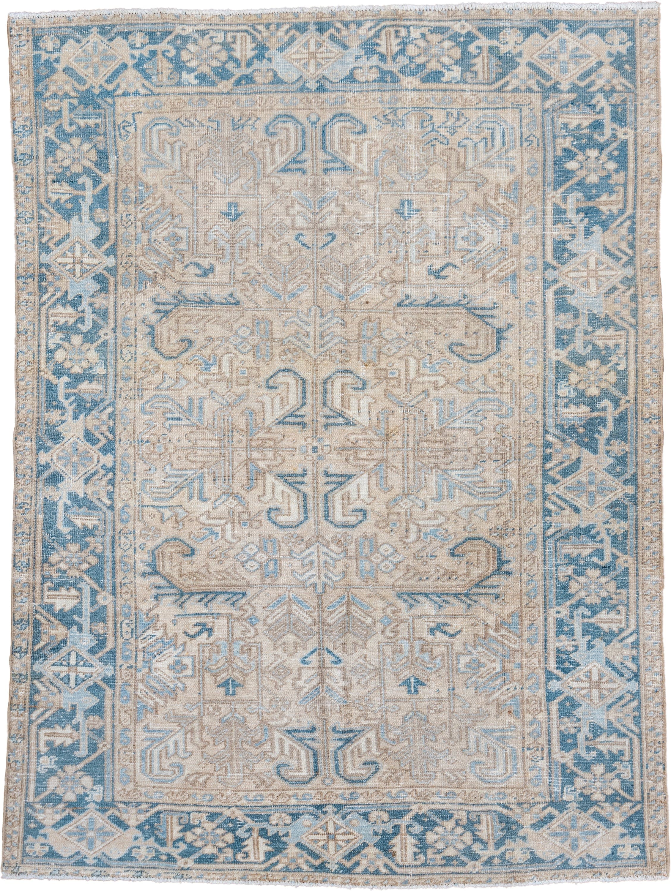 6' x 8' one-of-a-kind handmade vintage Heriz medium size rug. Color palette: ivory, sky blue, beige, taupe, cream