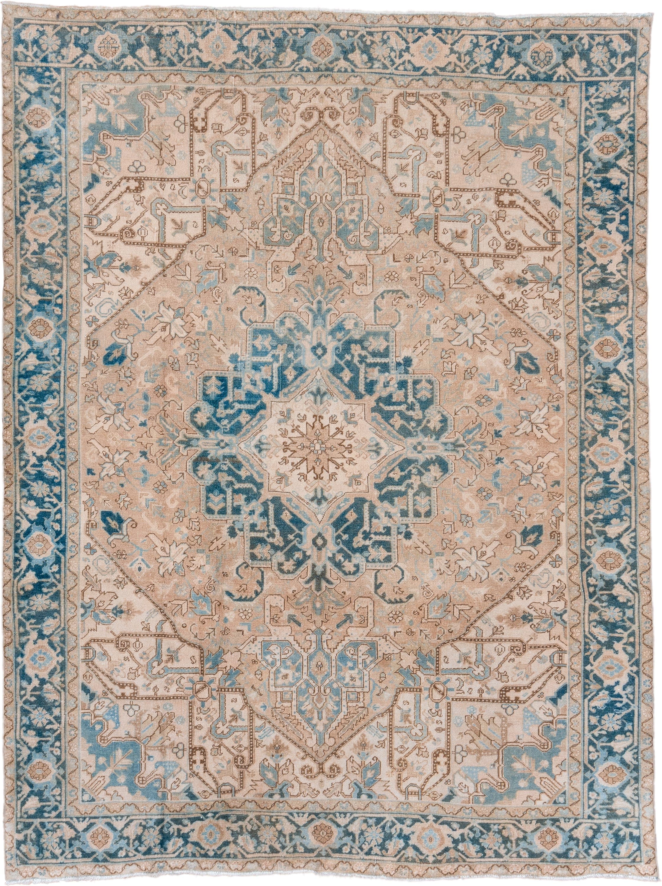 8' x 10' one-of-a-kind handmade vintage Heriz large size rug. Color palette: ivory, sky blue, teal, taupe, camel, beige