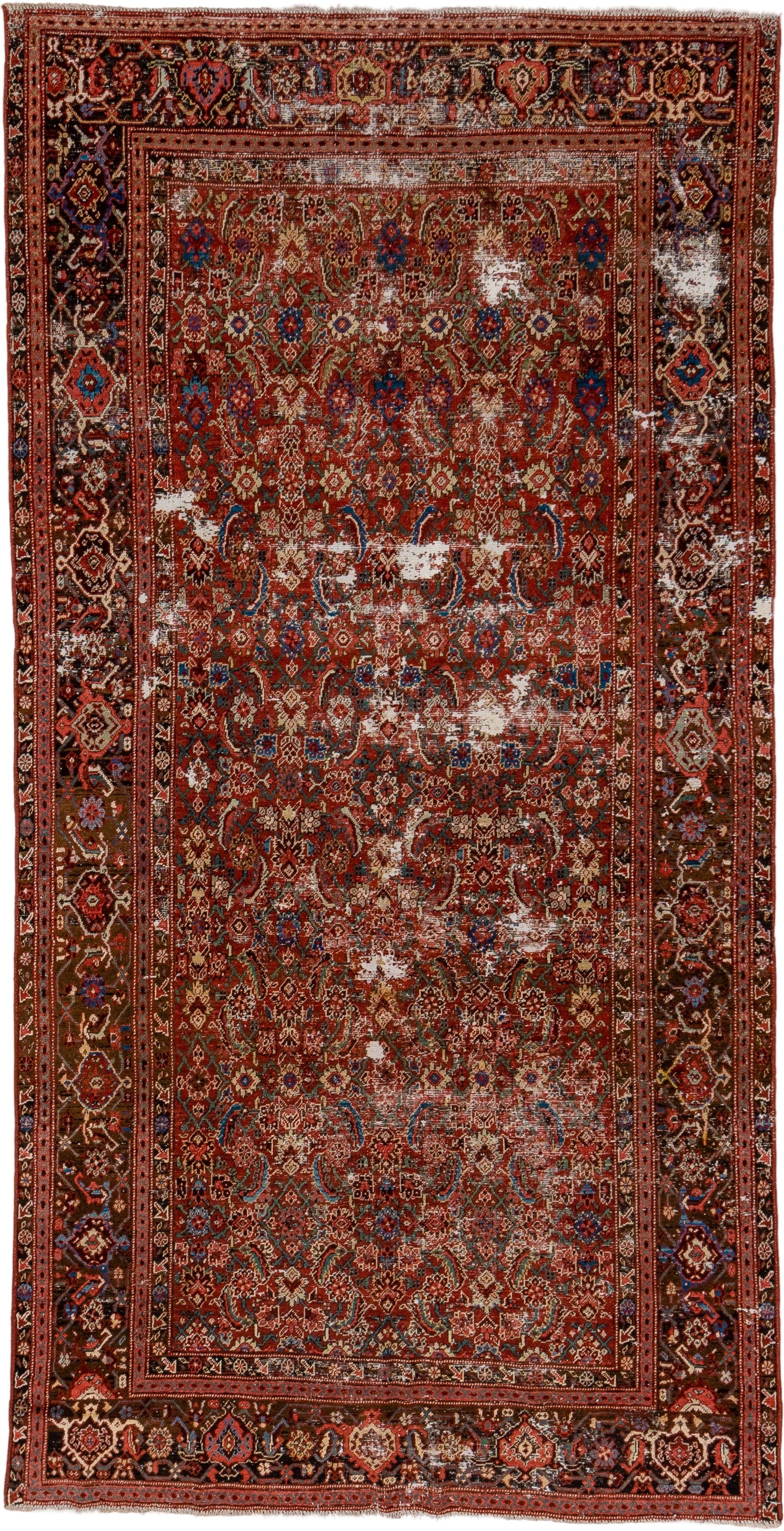 5' x 9' one-of-a-kind handmade vintage Malayer medium size rug. Color palette: rust, brown, ivory, cobalt, terra cotta