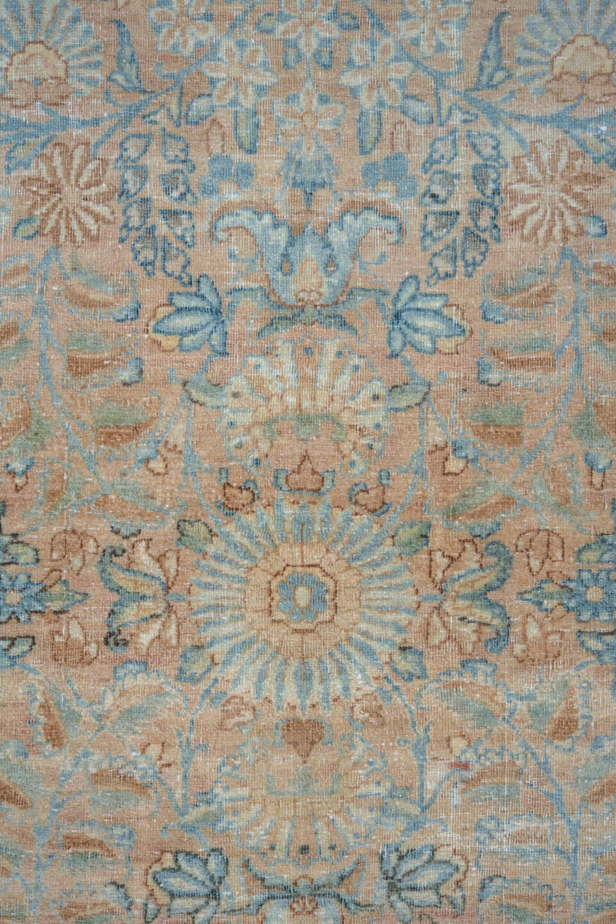 13' x 15' one-of-a-kind handmade vintage Kerman oversize rug. Color palette: ivory, sky blue, beige, taupe, blush, camel