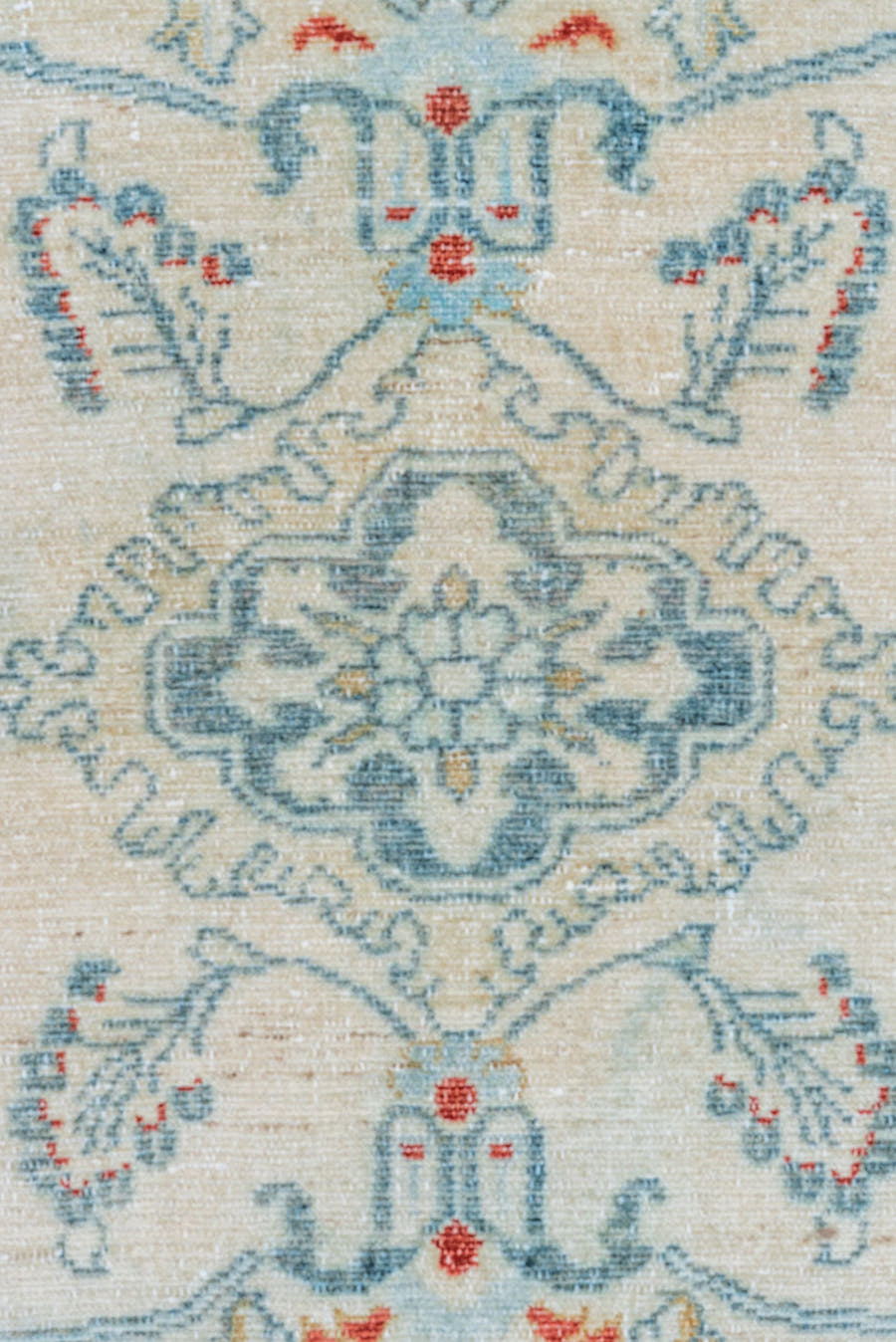 3' x 4' one-of-a-kind handmade vintage Lilian small size rug. Color palette: ivory, pale blue, sky blue, coral, gold