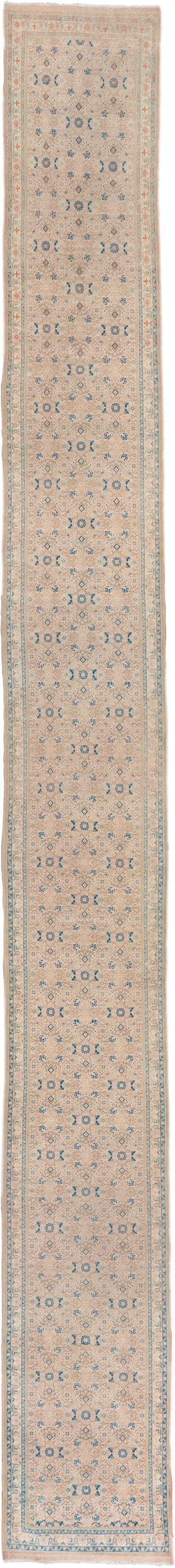2' x 22' one-of-a-kind handmade vintage Tabriz runner rug. Color palette: ivory, sky blue, beige, camel, taupe, light blue