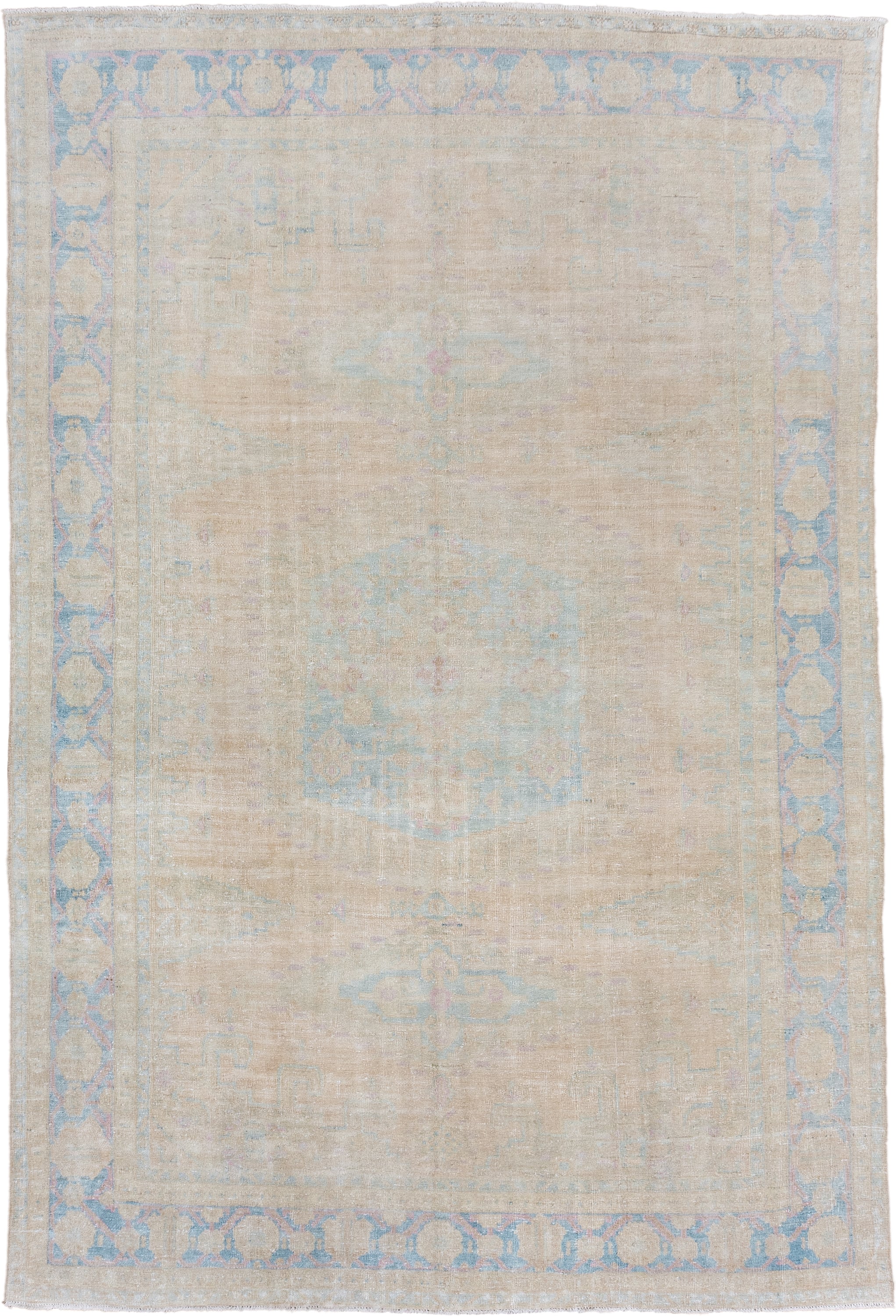 7' x 11' one-of-a-kind handmade vintage Veece large size rug. Color palette: ivory, pale blue, beige, blush, cream, taupe