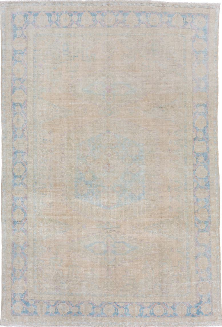 7' x 11' one-of-a-kind handmade vintage Veece large size rug. Color palette: dark gray, gainsboro, gray, light blue