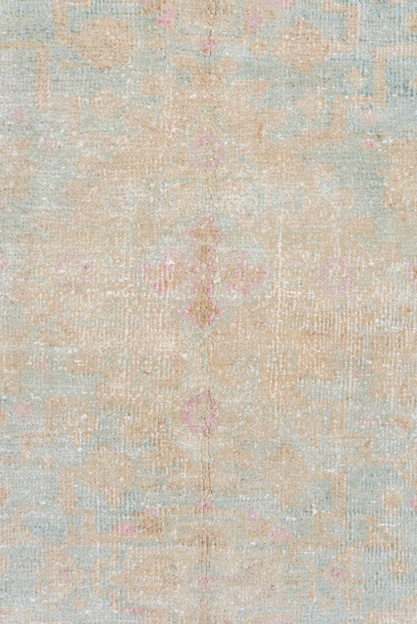 7' x 11' one-of-a-kind handmade vintage Veece large size rug. Color palette: ivory, pale blue, beige, blush, cream, taupe