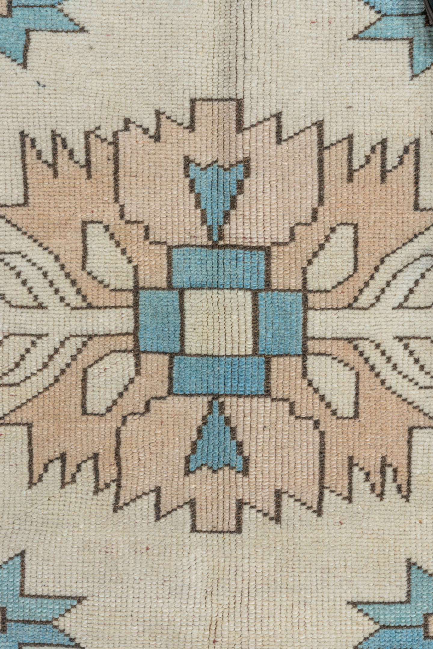 4' x 7' one-of-a-kind handmade vintage Oushak rug. Color palette: ivory, sky blue, beige, taupe, camel, light blue, gray