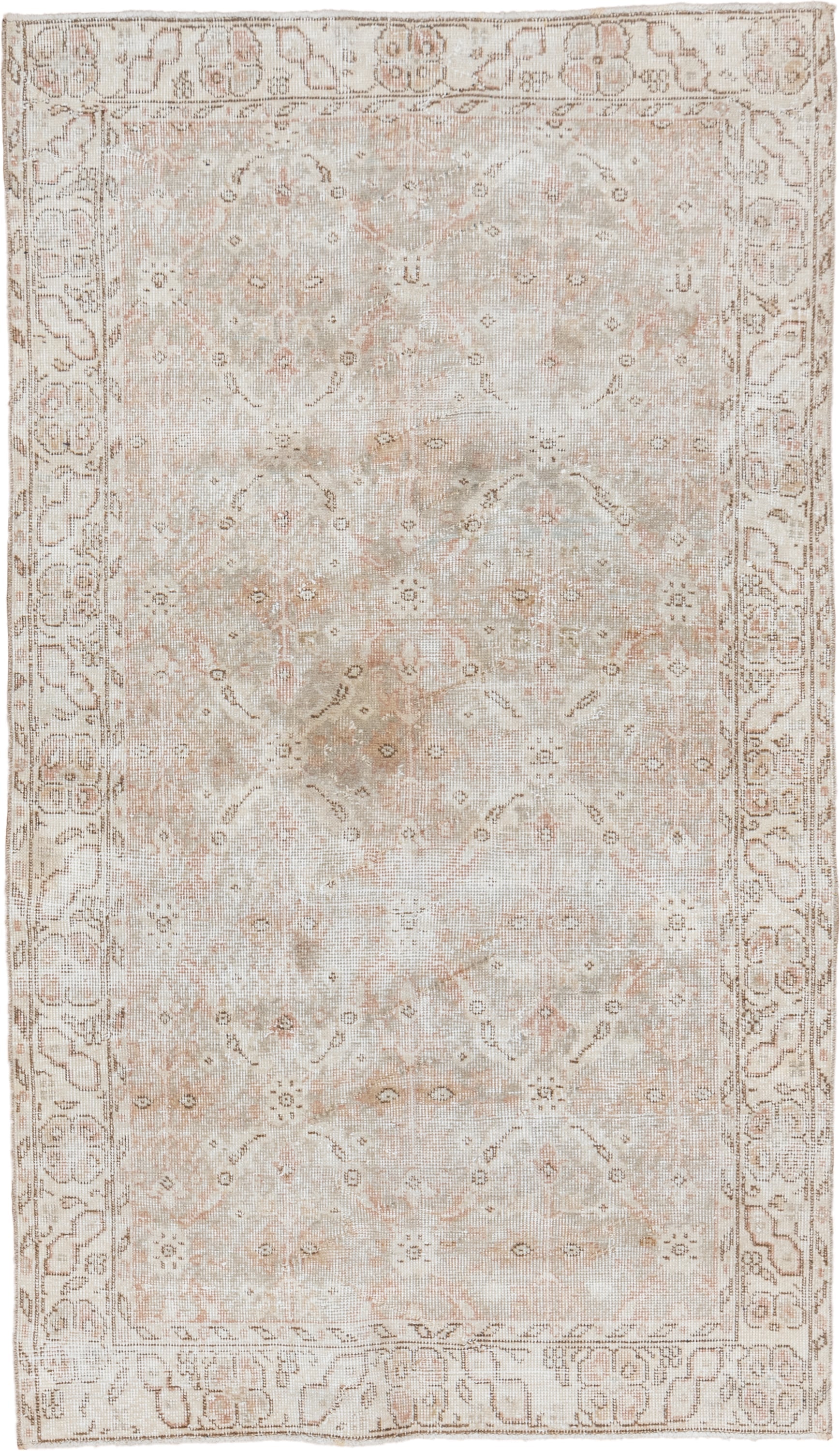 3' x 6' one-of-a-kind handmade vintage Oushak small size rug. Color palette: ivory, beige, taupe, blush, sand, camel, gray