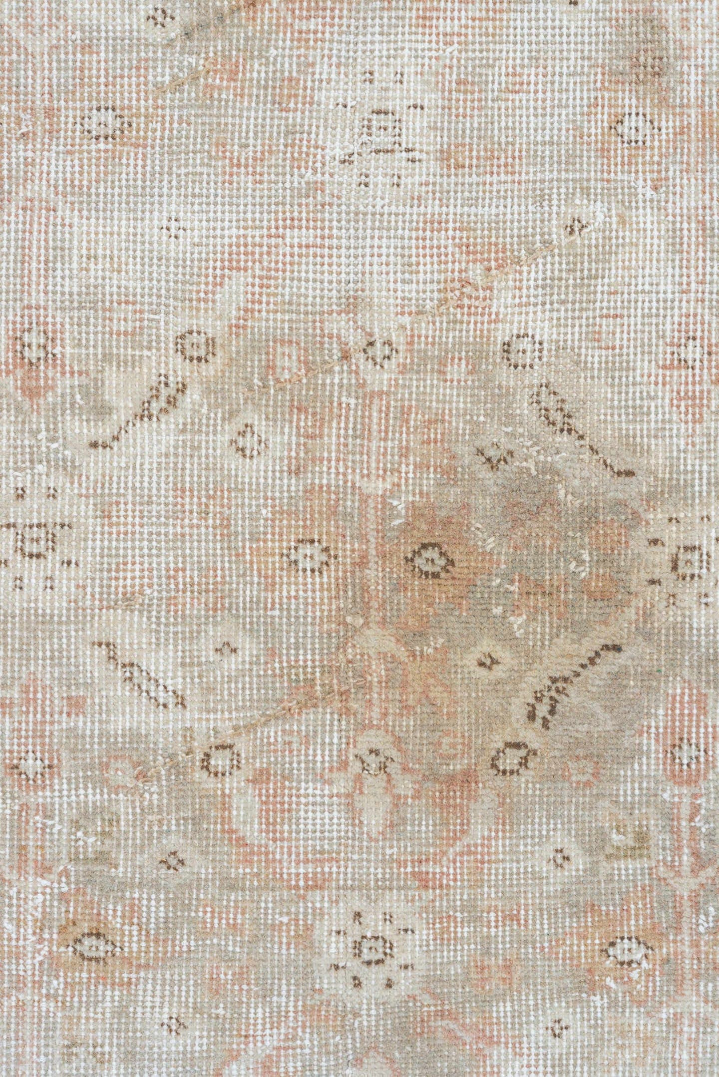 3' x 6' one-of-a-kind handmade vintage Oushak small size rug. Color palette: ivory, beige, taupe, blush, sand, camel, gray