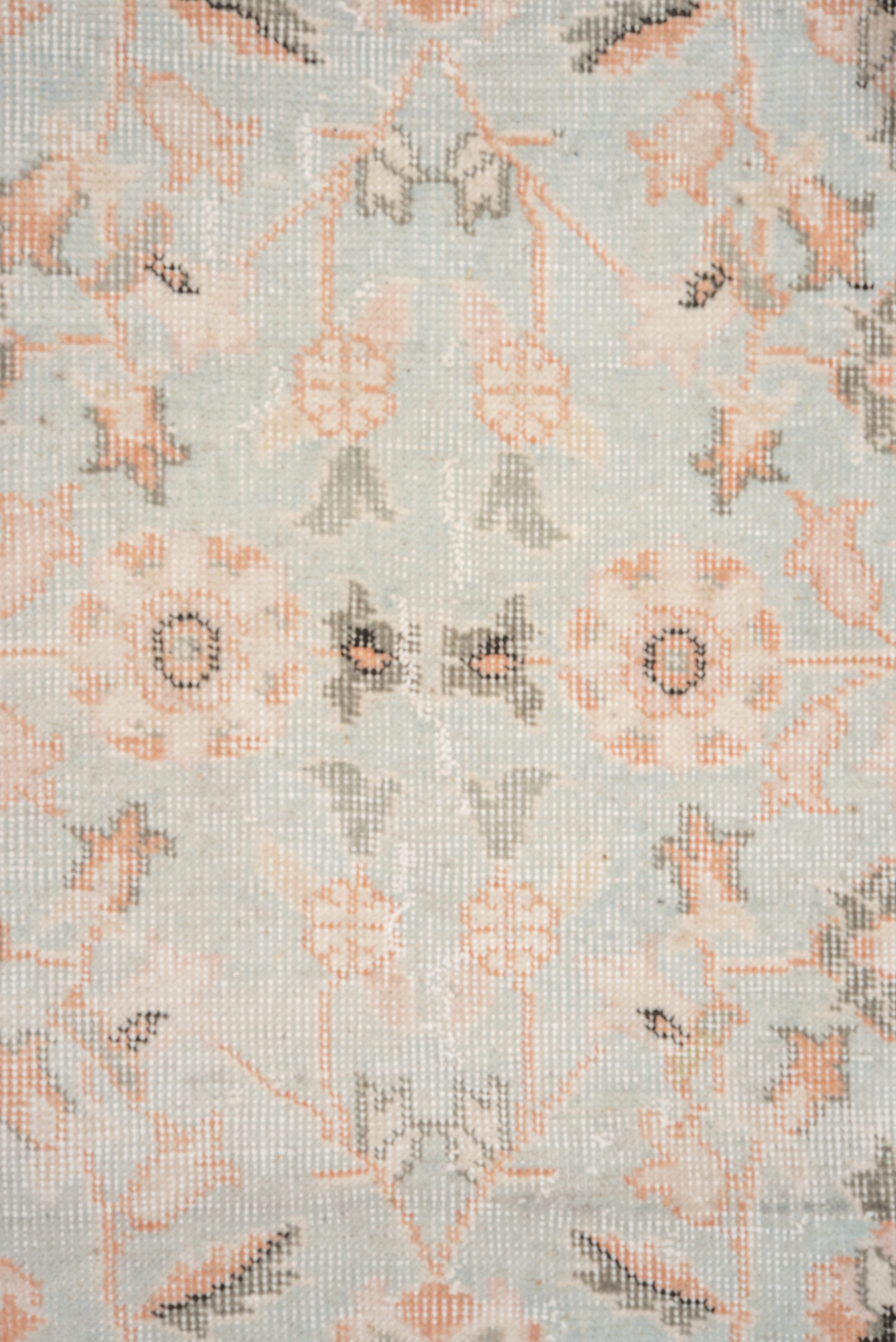 5' x 8' one-of-a-kind handmade vintage Oushak medium size rug. Color palette: pale blue, blush, ivory, sage, taupe, peach