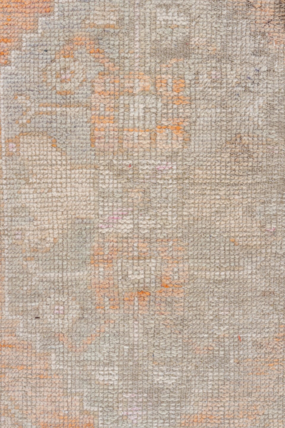 2' x 4' one-of-a-kind handmade vintage Oushak small size rug. Color palette: ivory, taupe, beige, peach, blush, muted gold