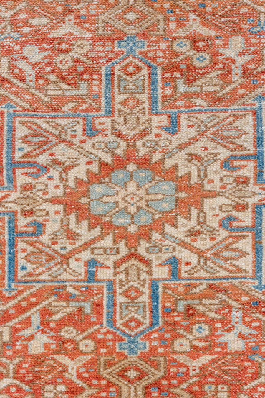 3' x 16' one-of-a-kind handmade vintage Karaje runner rug. Color palette: rust, sky blue, ivory, terracotta, camel, slate