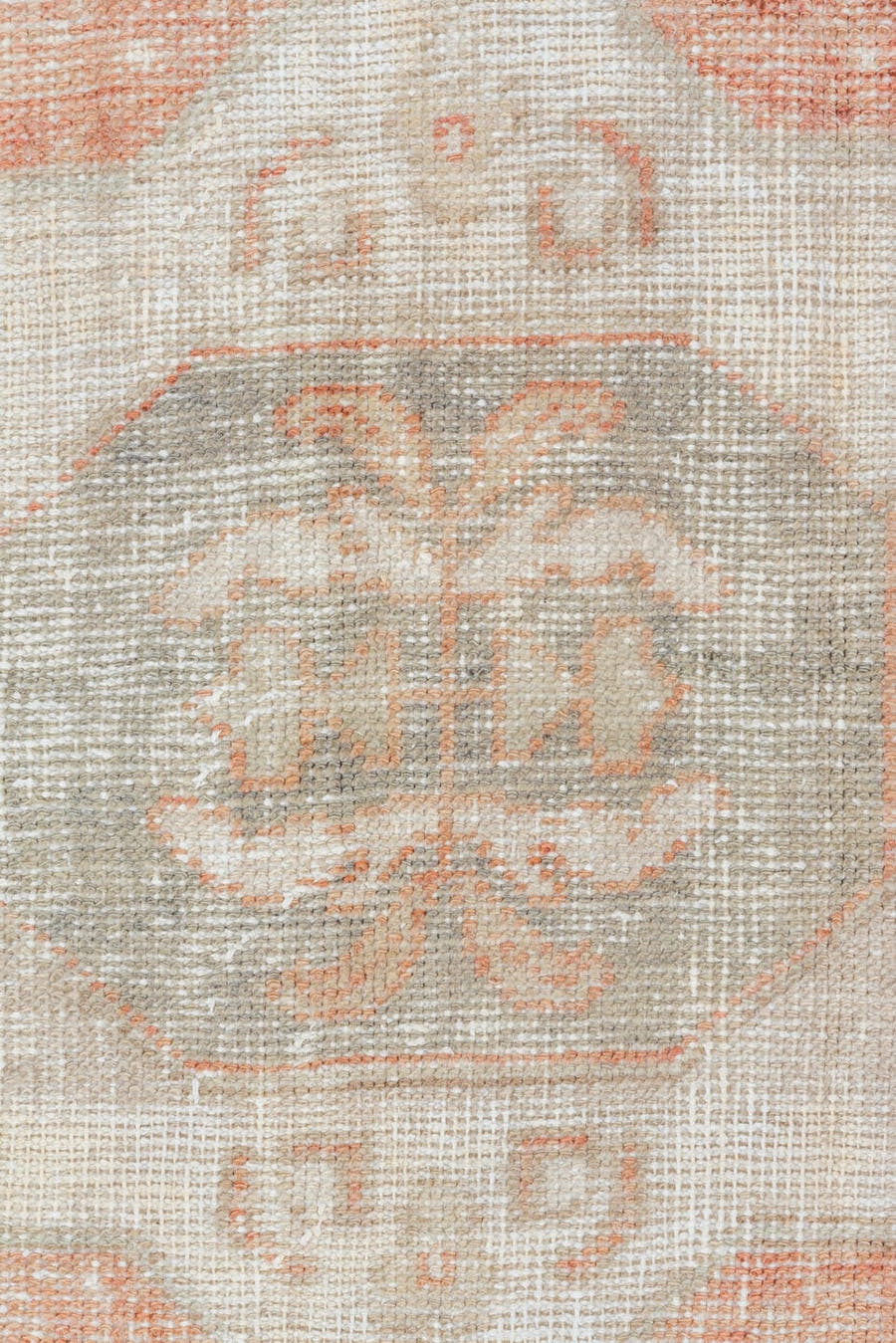 4' x 7' one-of-a-kind handmade vintage Oushak rug. Color palette: ivory, coral, pale gray, beige, blush, terracotta