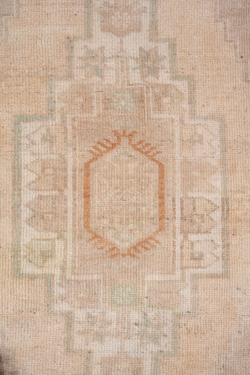 3' x 6' one-of-a-kind handmade vintage Oushak small size rug. Color palette: ivory, beige, camel, taupe, pale_aqua, sand
