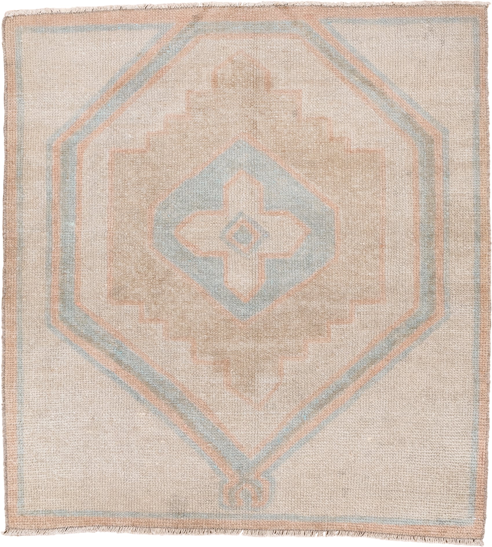 3' x 3' one-of-a-kind handmade vintage Oushak small size rug. Color palette: ivory, beige, pale blue, blush, sand