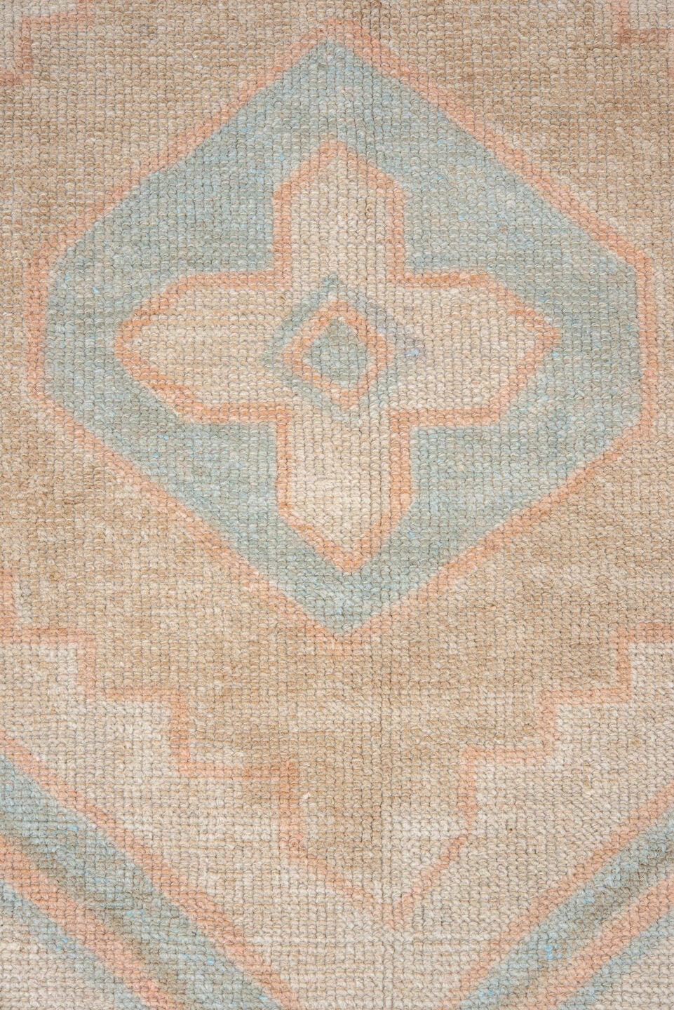 3' x 3' one-of-a-kind handmade vintage Oushak small size rug. Color palette: ivory, beige, pale blue, blush, sand