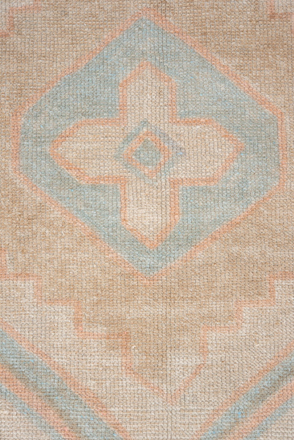 3' x 3' one-of-a-kind handmade vintage Oushak small size rug. Color palette: ivory, beige, pale blue, blush, sand