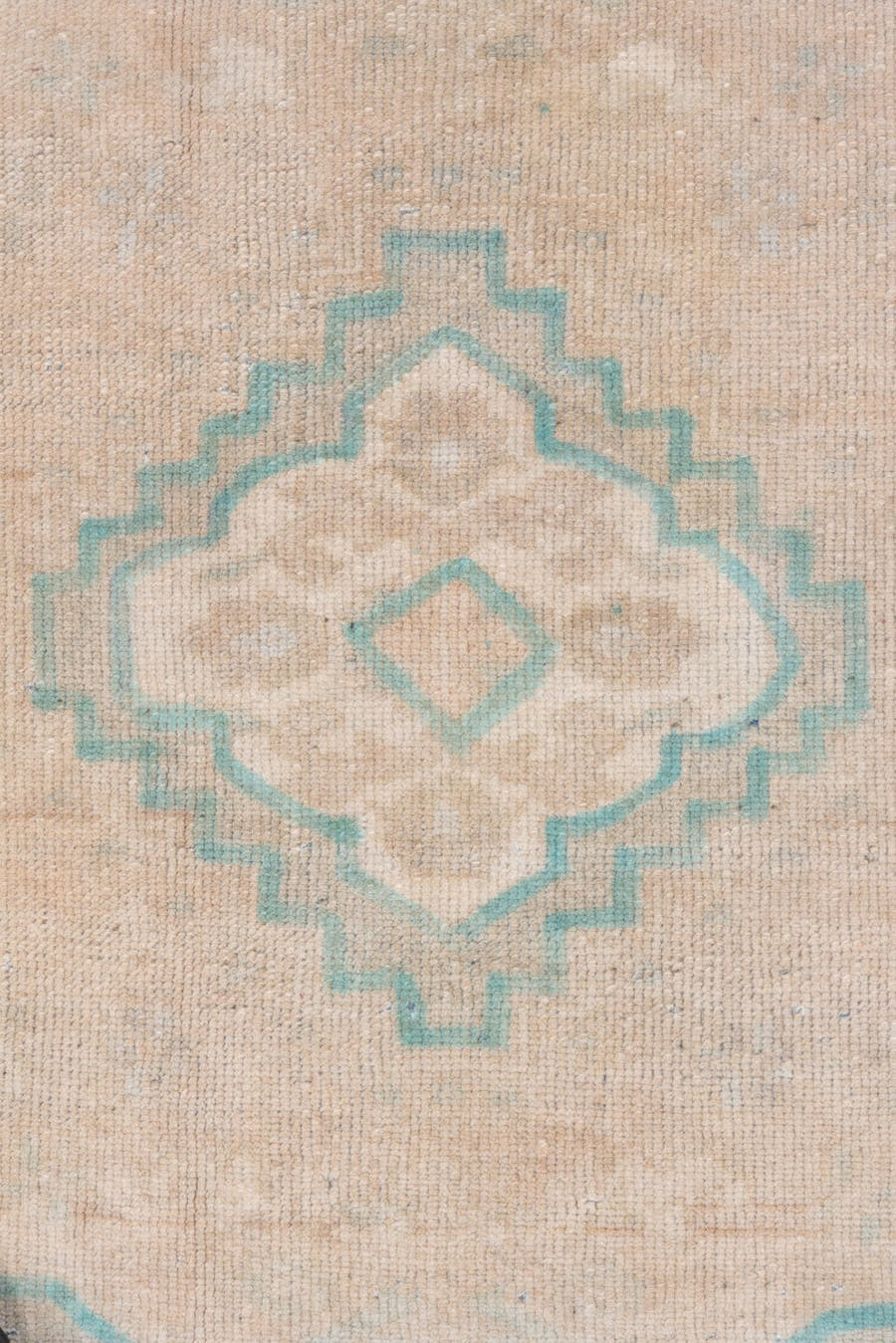 2' x 4' one-of-a-kind handmade vintage Oushak small size rug. Color palette: ivory, aqua, beige, taupe, sand, teal, gray
