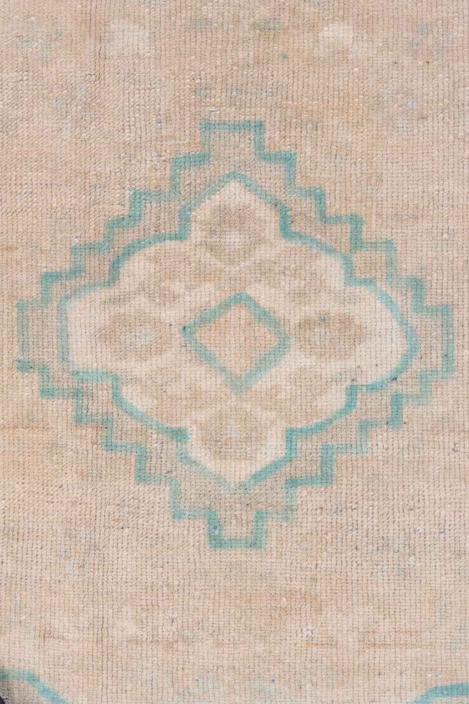 2' x 4' one-of-a-kind handmade vintage Oushak small size rug. Color palette: ivory, aqua, beige, taupe, sand, teal, gray