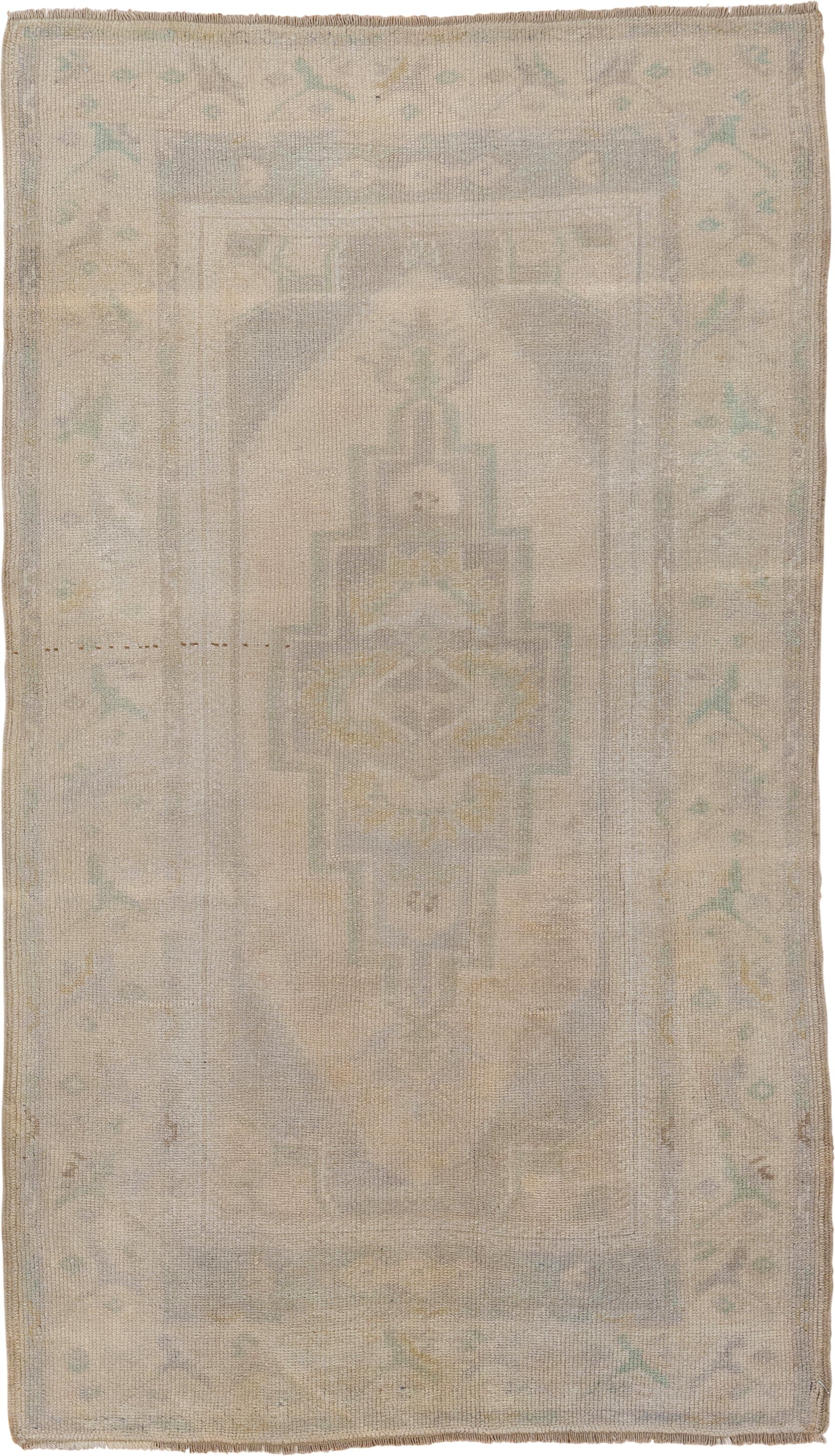 2' x 5' one-of-a-kind handmade vintage Oushak small size rug. Color palette: ivory, taupe, sage, pale gold, beige, gray