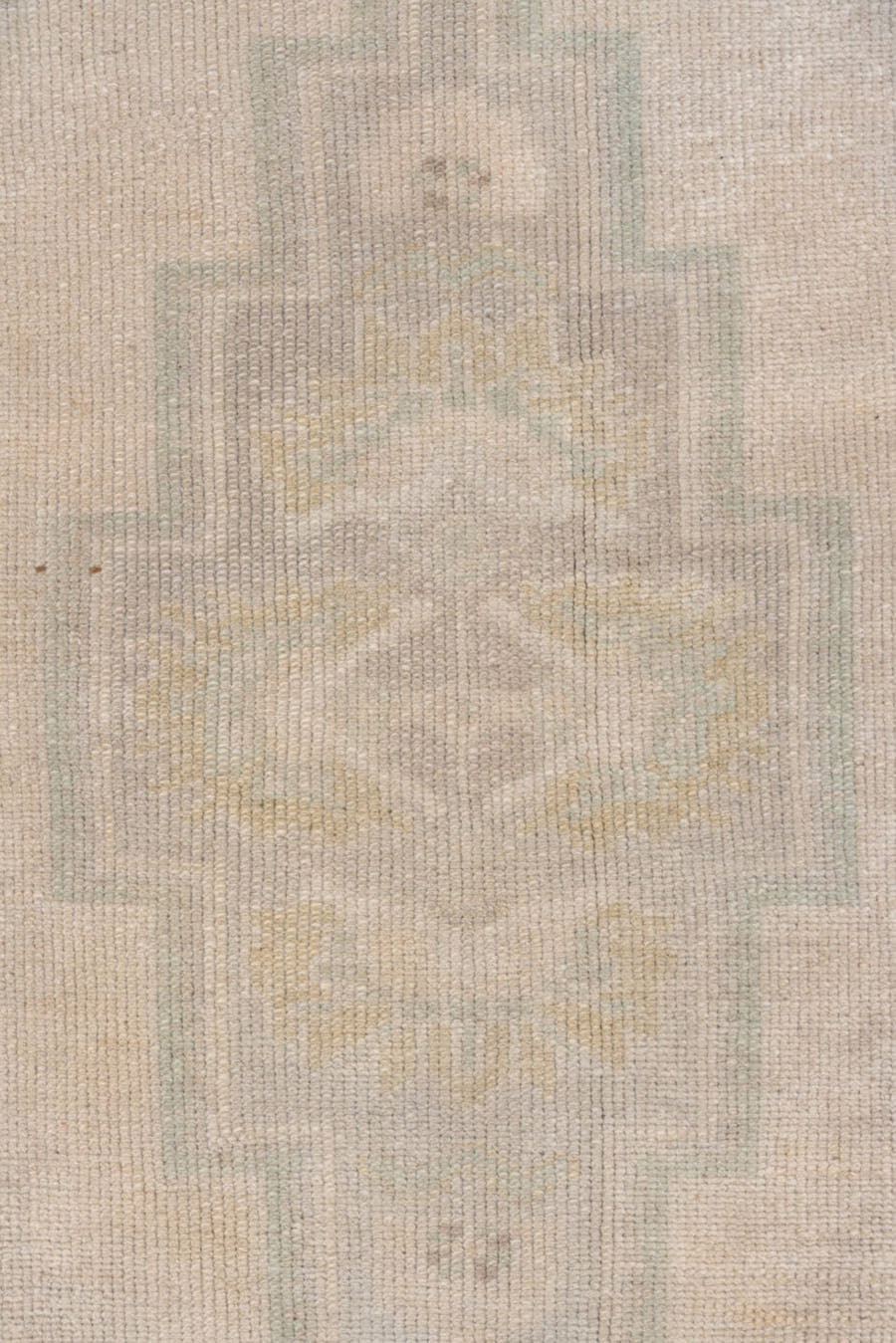 2' x 5' one-of-a-kind handmade vintage Oushak small size rug. Color palette: ivory, taupe, sage, pale gold, beige, gray
