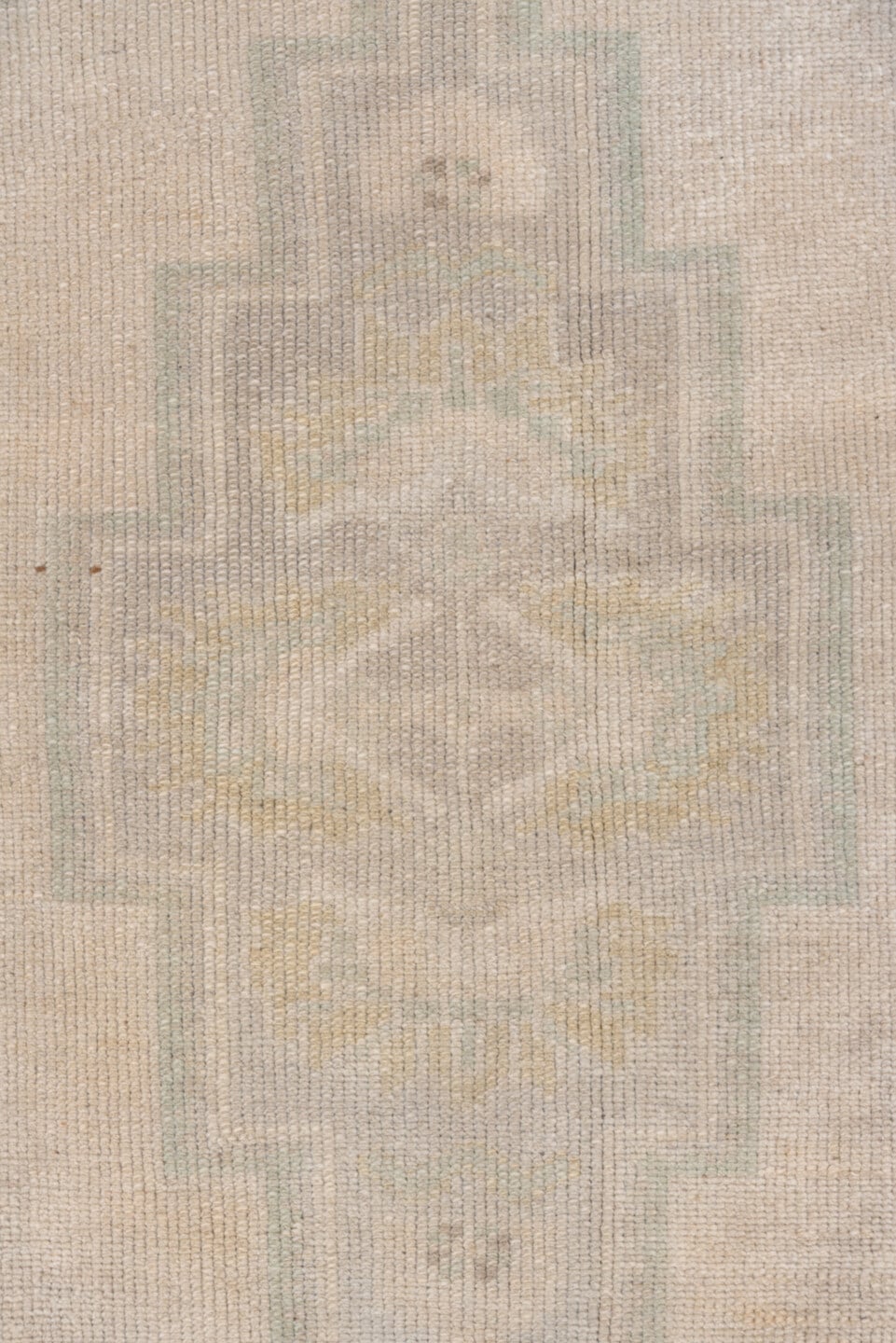 2' x 5' one-of-a-kind handmade vintage Oushak small size rug. Color palette: ivory, taupe, sage, pale gold, beige, gray