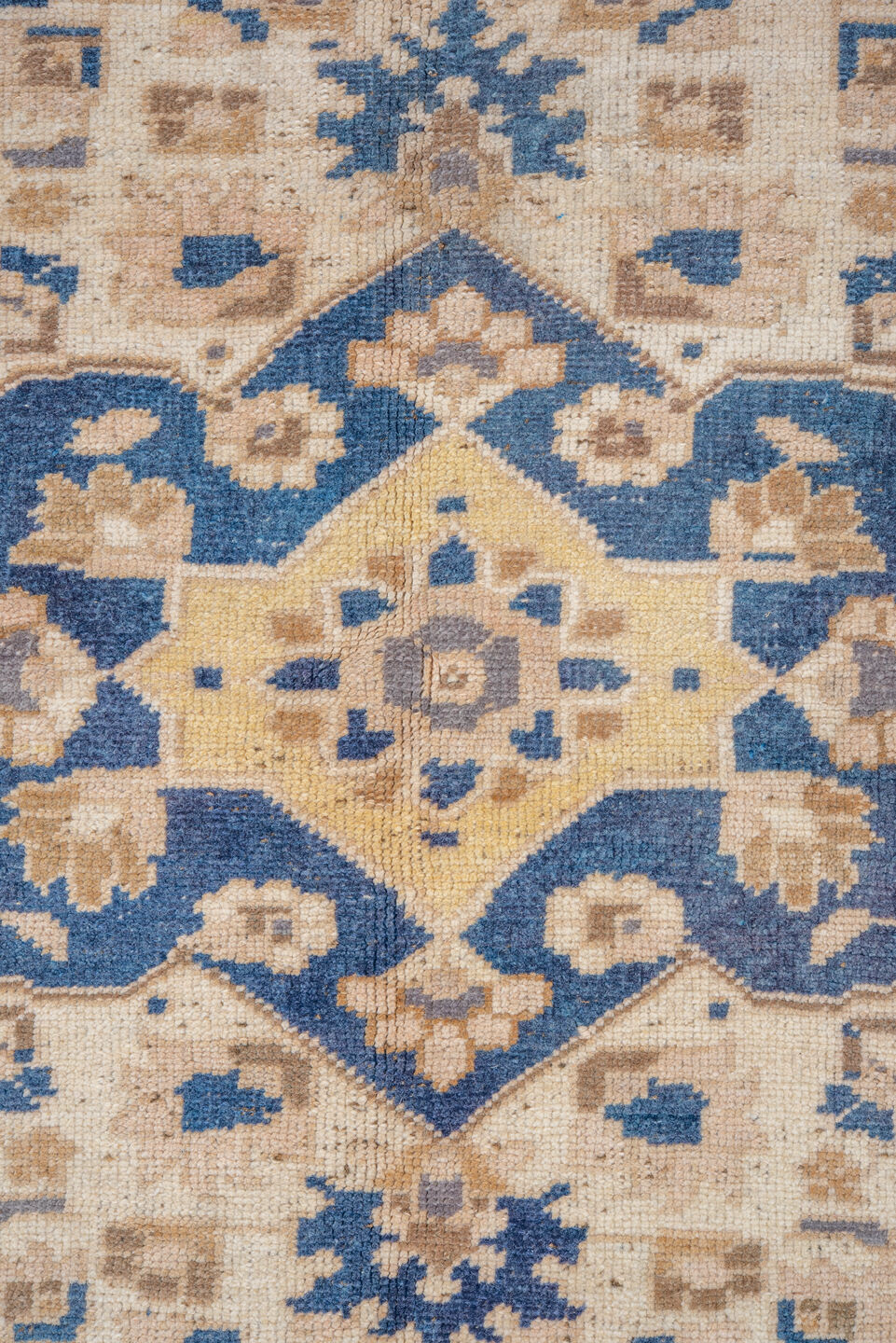 5' x 8' one-of-a-kind handmade vintage Oushak medium size rug. Color palette: ivory, blue, pale yellow, beige, taupe, gold